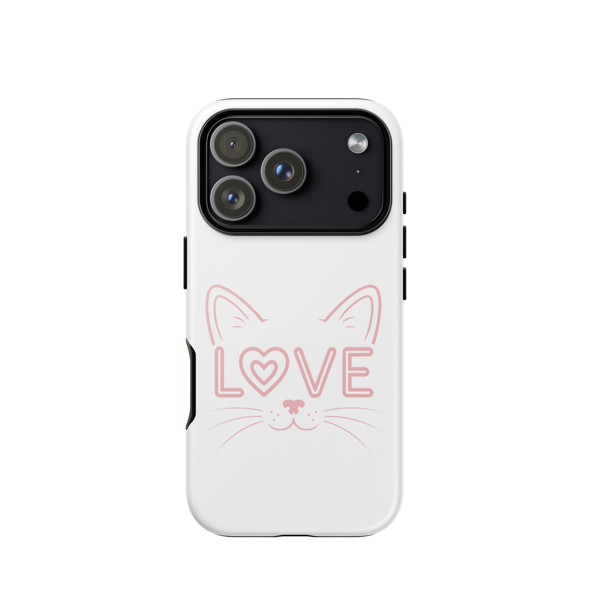 Cat Love phone case for iPhone with minimalist cat face design and love text.