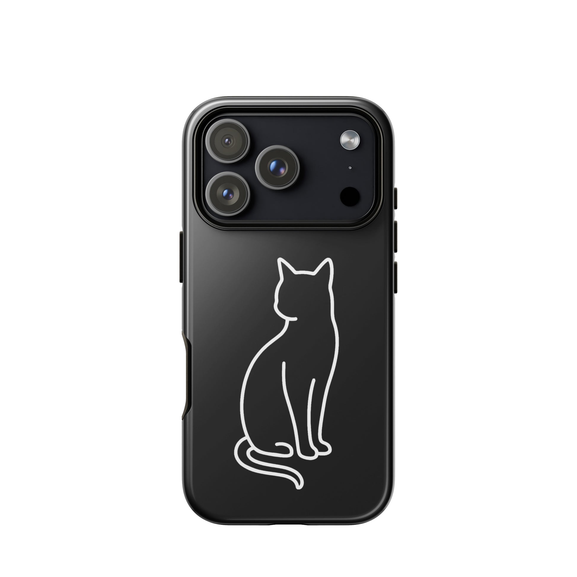 Phone Case featuring a minimalist black design with a white outline of a sitting cat for stylish pet lovers.