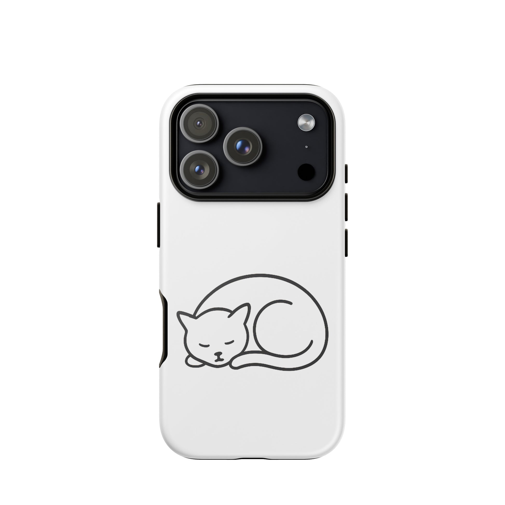 Phone case with minimalist curled-up cat design for iPhone, offering style and protection.