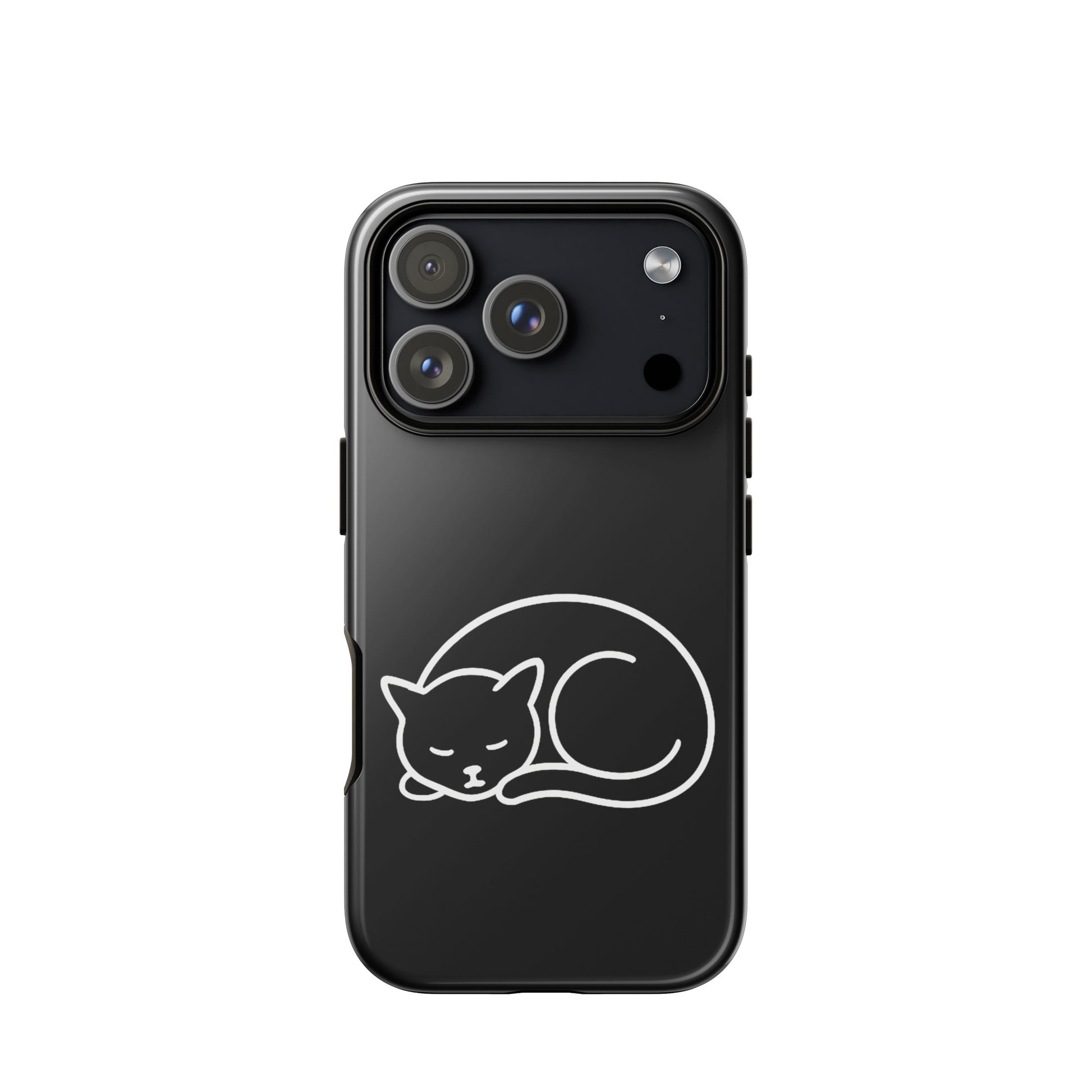 Phone case for iPhone featuring a minimalist curled-up cat design on a sleek black background.