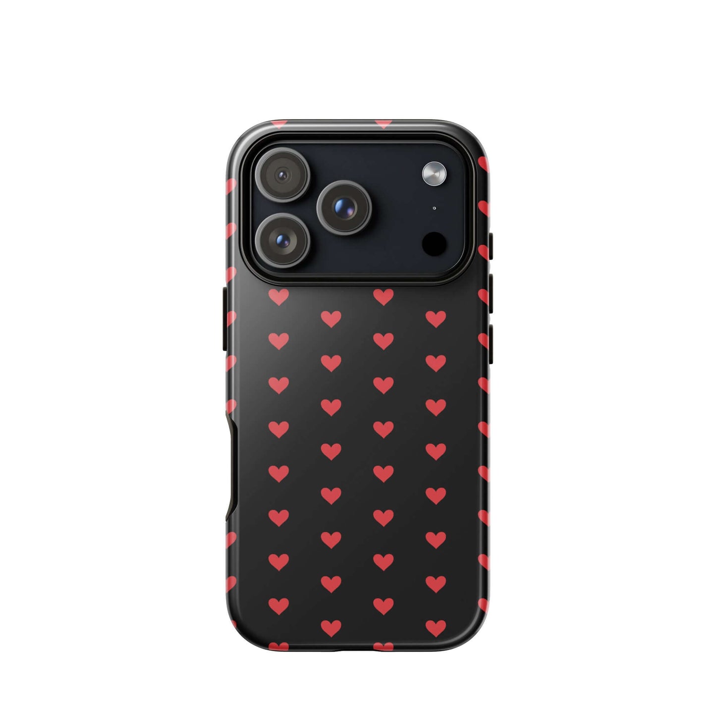 Phone Case for iPhone featuring fiery red hearts on a sleek black background, stylish and protective.