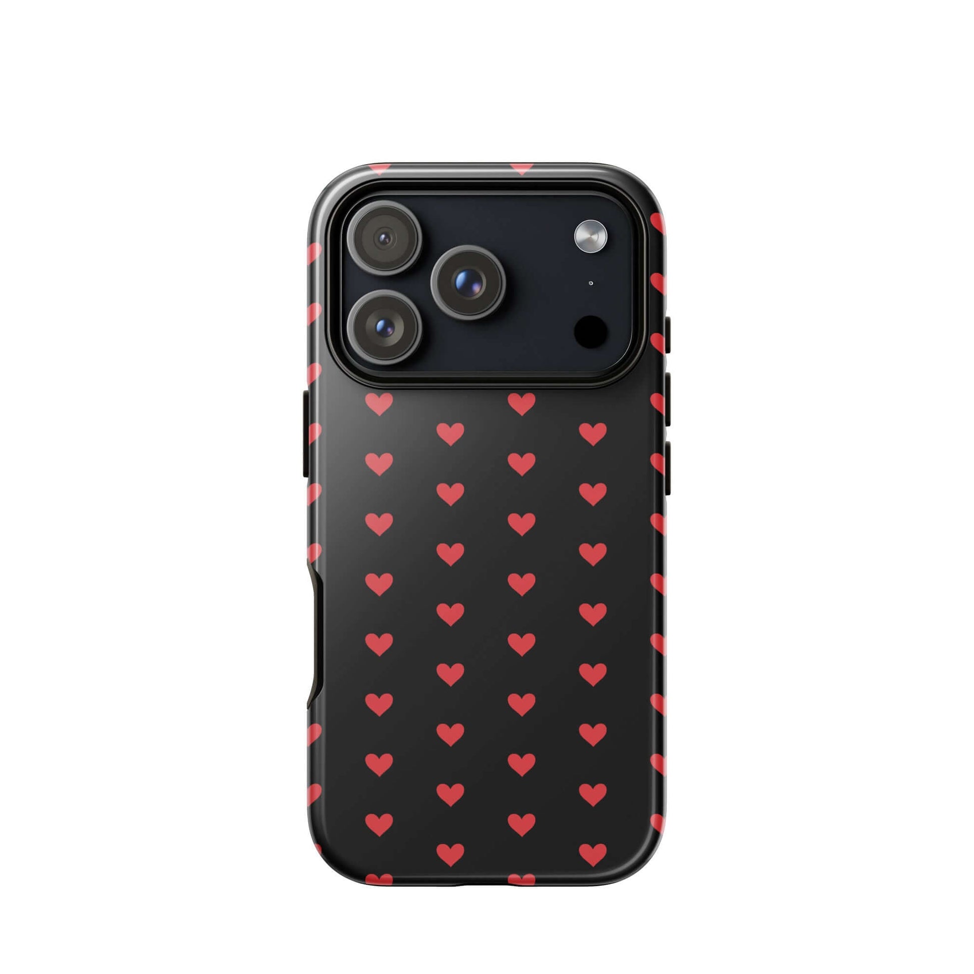 Phone Case for iPhone featuring fiery red hearts on a sleek black background, stylish and protective.
