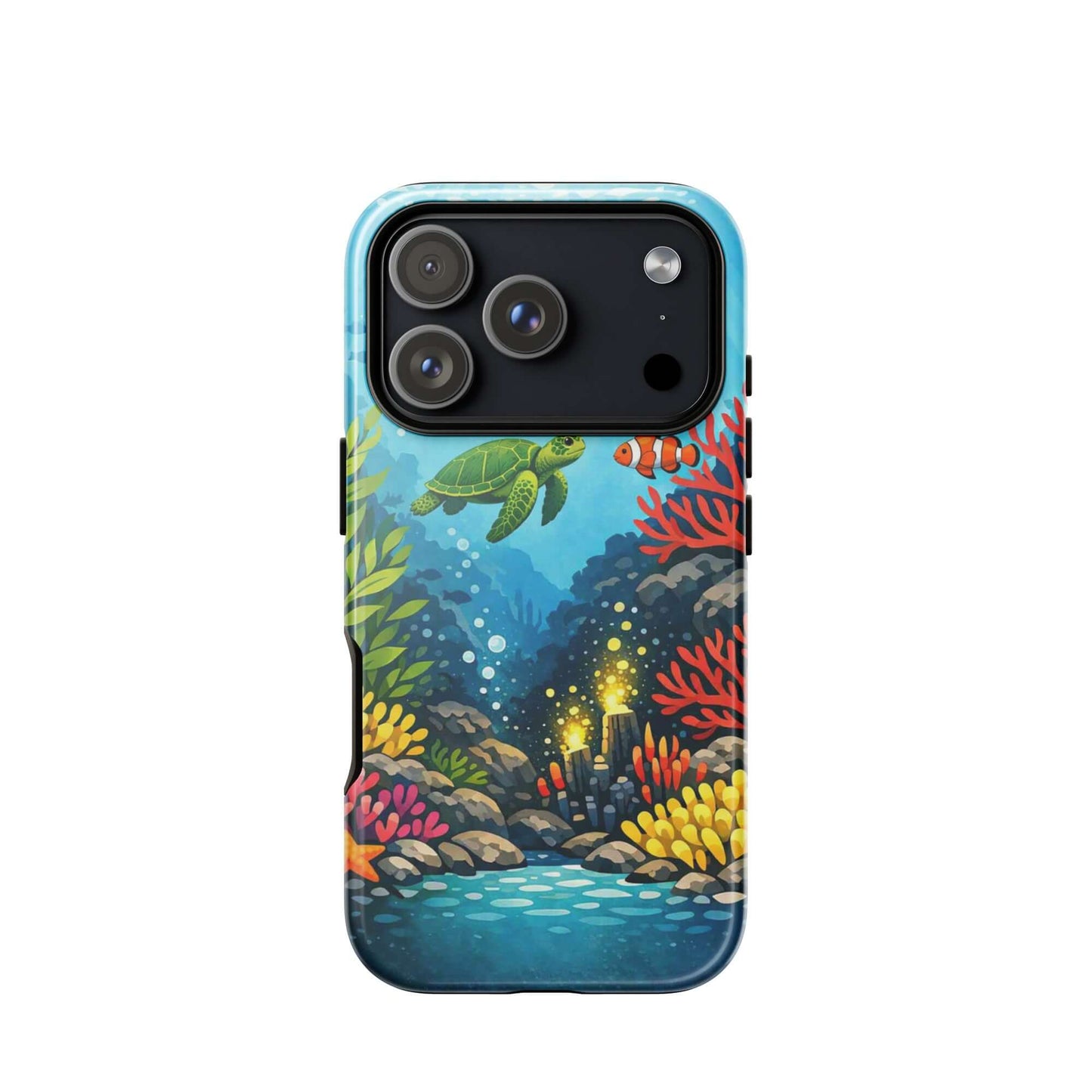 Vibrant phone case for iPhone featuring a sea turtle and coral reef design, showcasing underwater artistry.