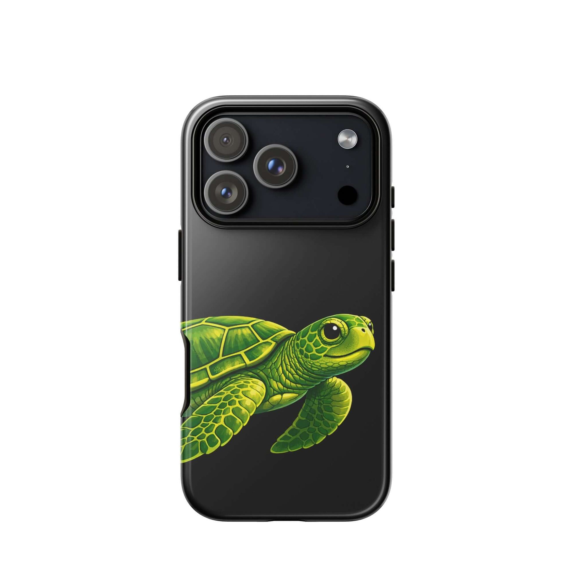 Phone Case featuring a vibrant sea turtle design on a black background, ideal for style and protection.