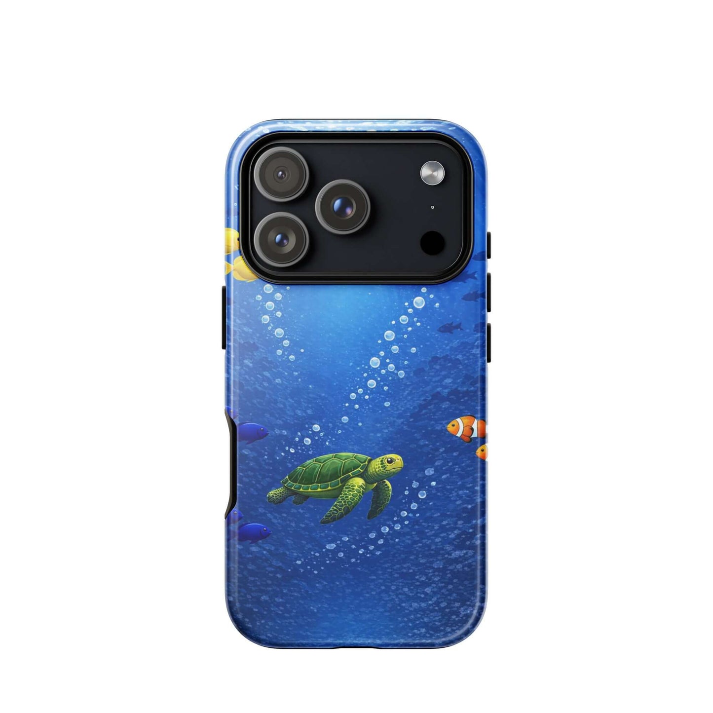 Phone Case featuring a vibrant sea turtle design with tropical fish against a deep blue ocean background.
