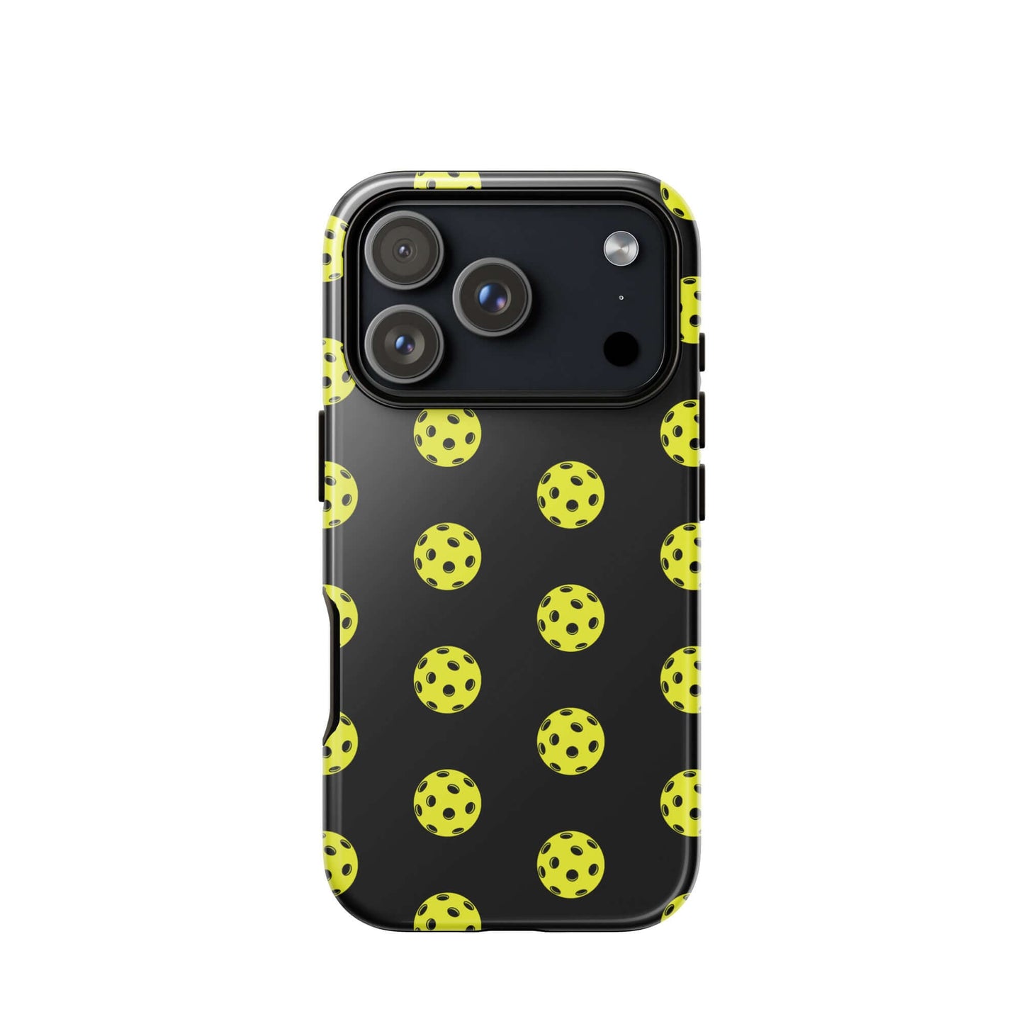 Phone Case featuring a bold pickleball pattern on a black background, perfect for sporty style.