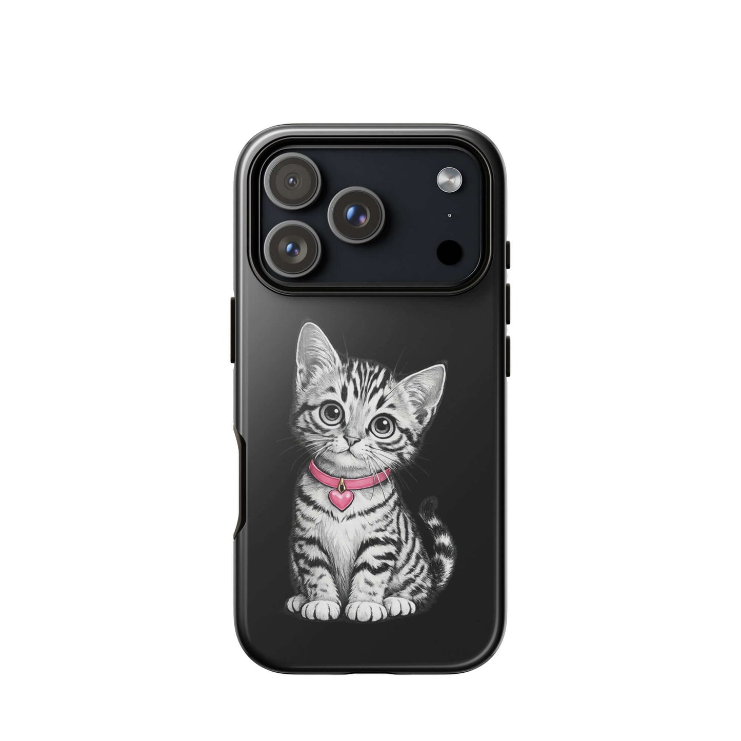 Phone Case with pencil sketch kitten and pink heart charm for iPhone