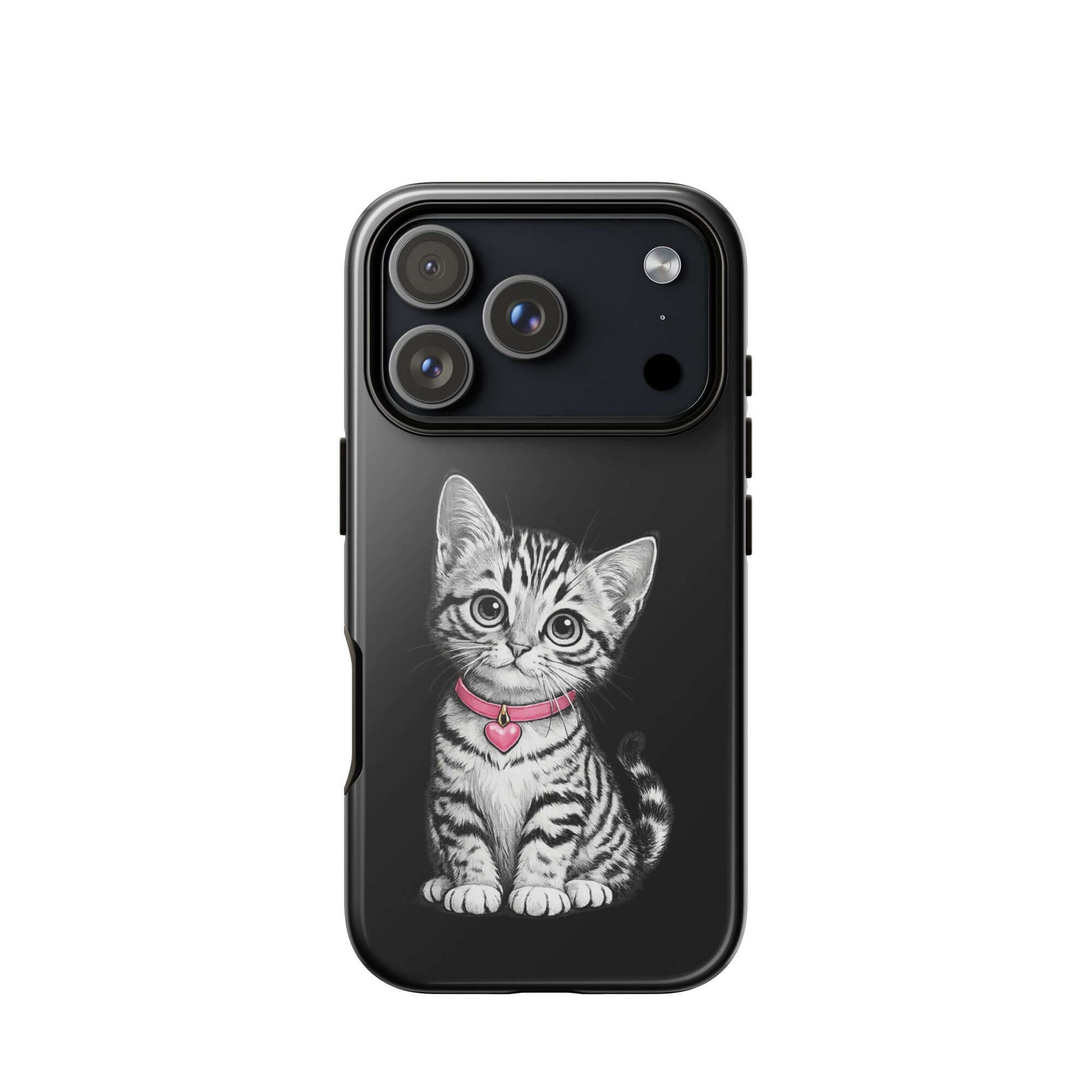 Phone Case with pencil sketch kitten and pink heart charm for iPhone