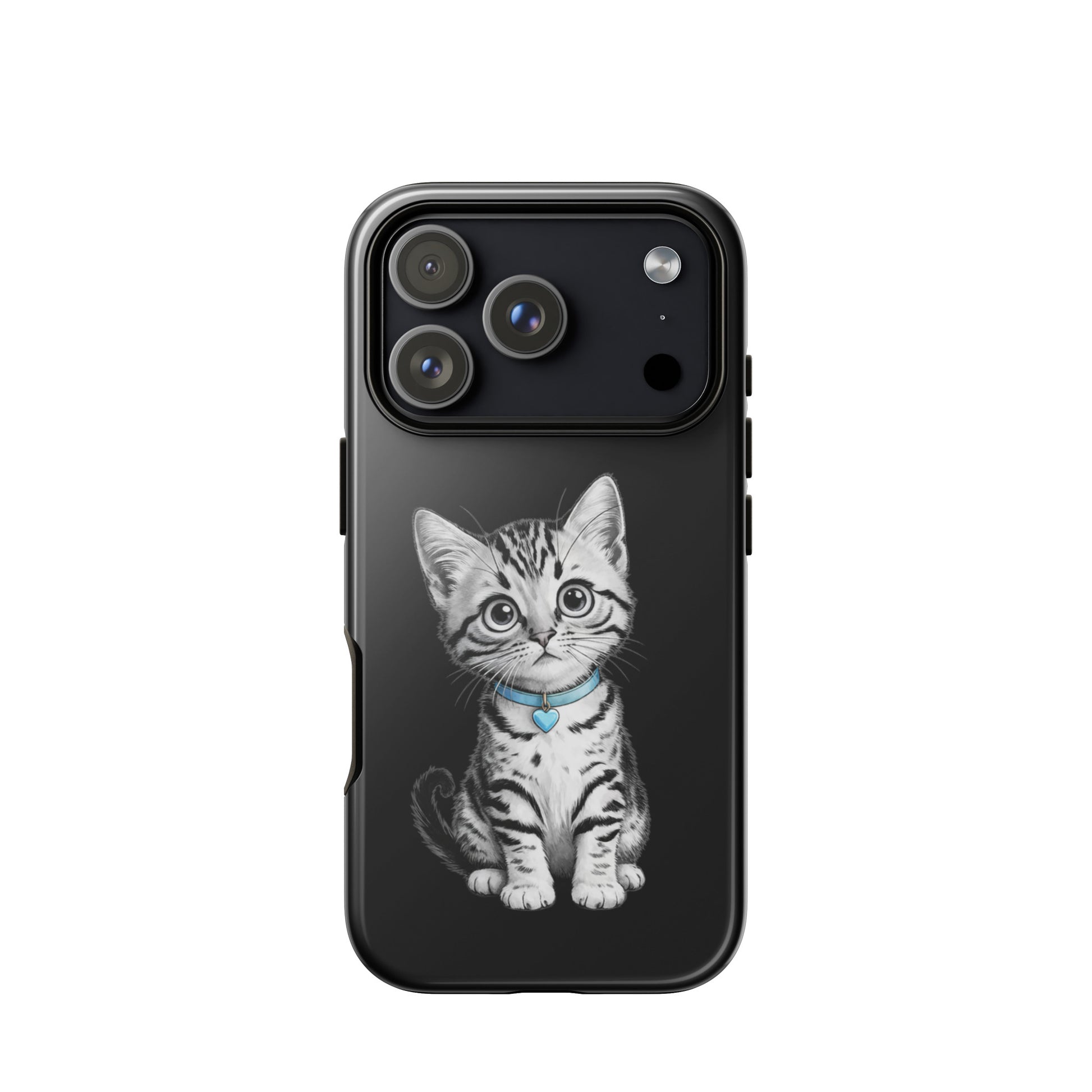 Phone Case for iPhone featuring kitten sketch with blue heart charm and elegant black-and-white design.
