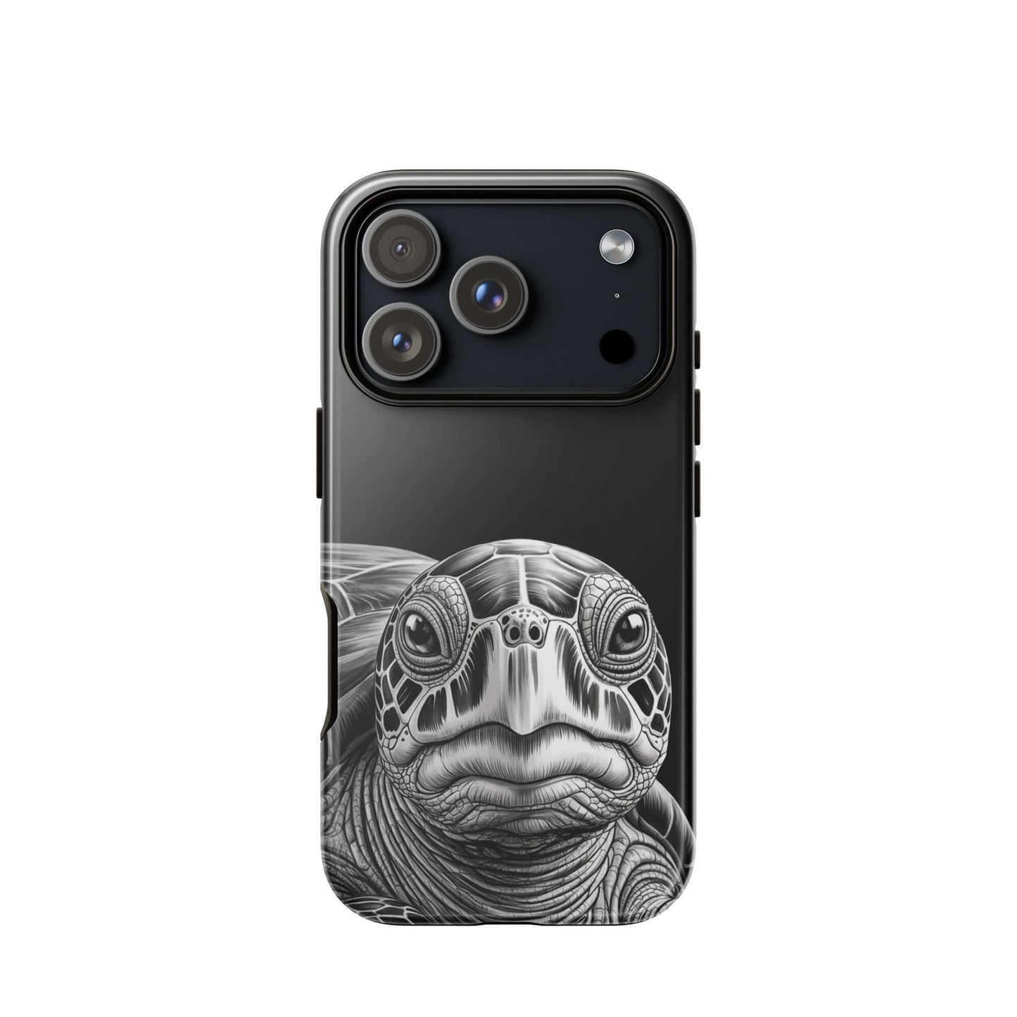 Phone Case for iPhone featuring a detailed black-and-white sketch of an ancient sea turtle for timeless protection and elegant style.