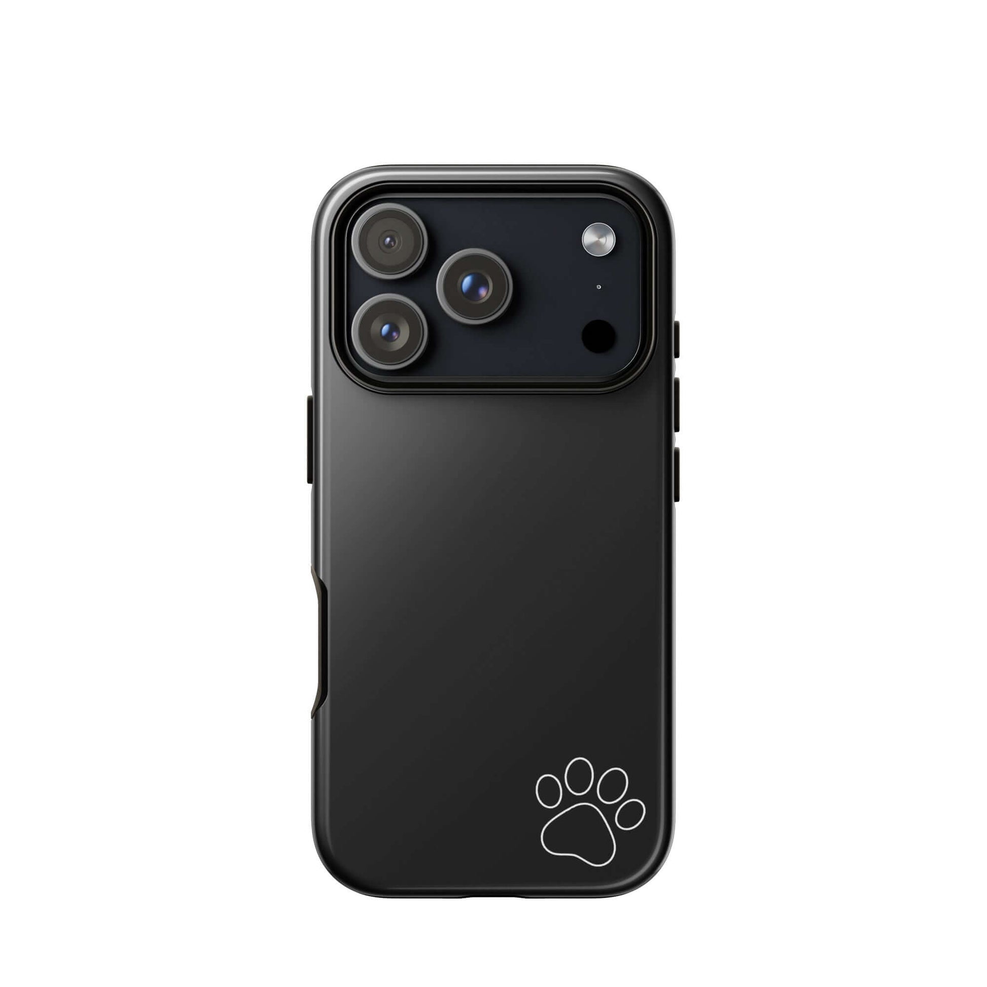 Phone Case for iPhone with black design featuring a white paw print in the corner, Paw-Print Luxe Minimalist Tough Case.