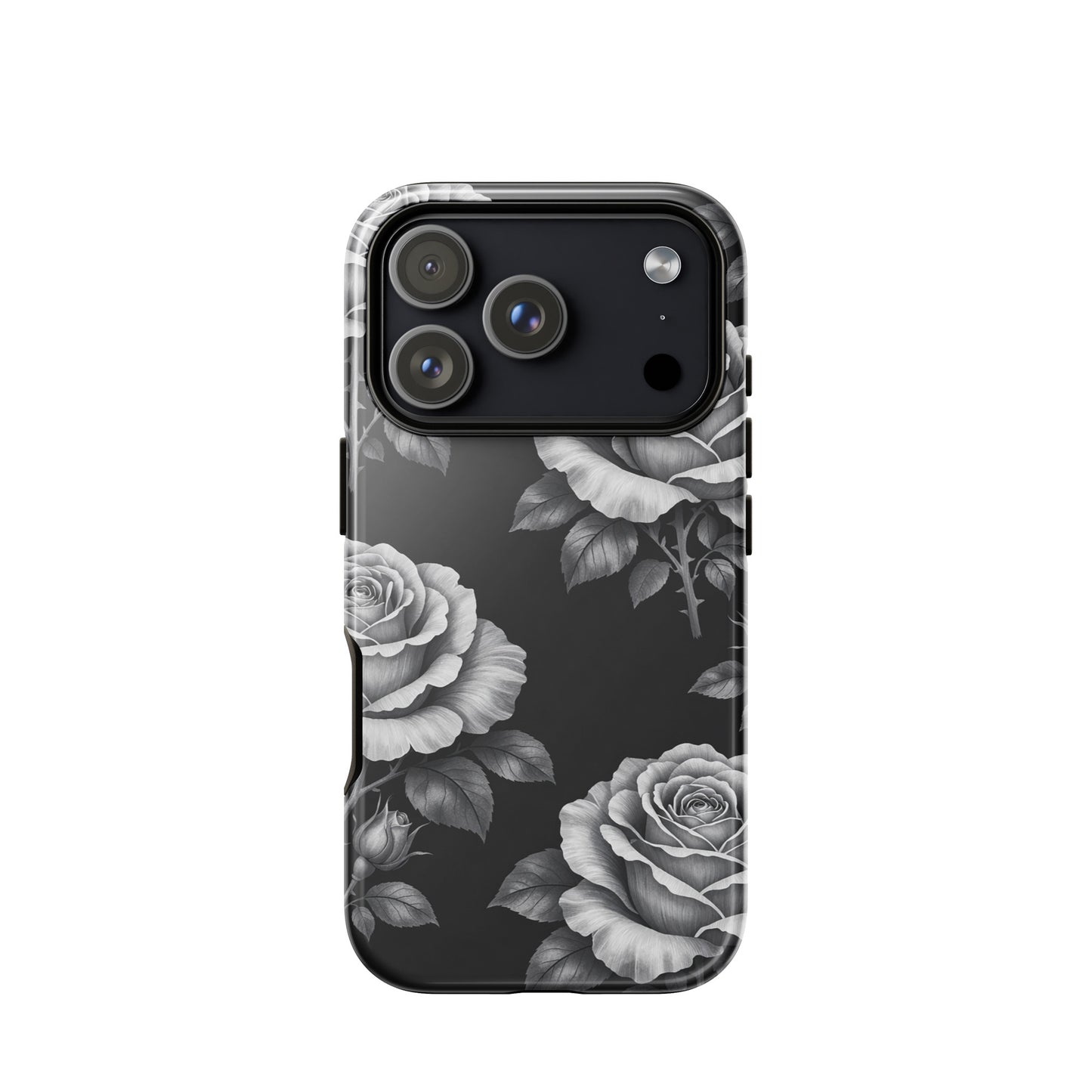 Phone Case for iPhone with hand-sketched roses and leaves on black background, Rose Garden Tough Case