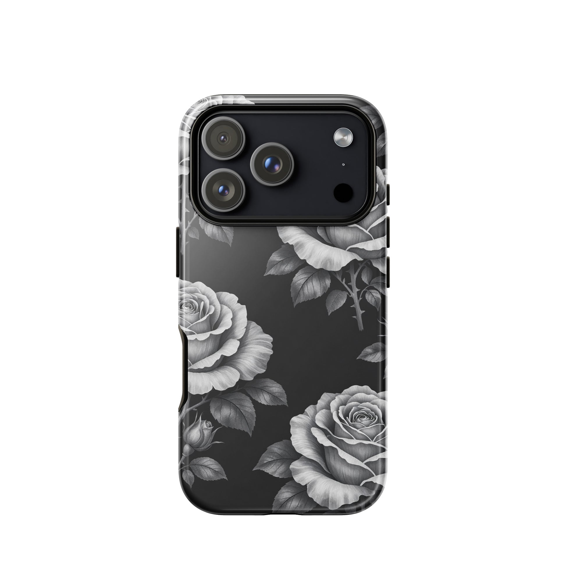 Phone Case for iPhone with hand-sketched roses and leaves on black background, Rose Garden Tough Case