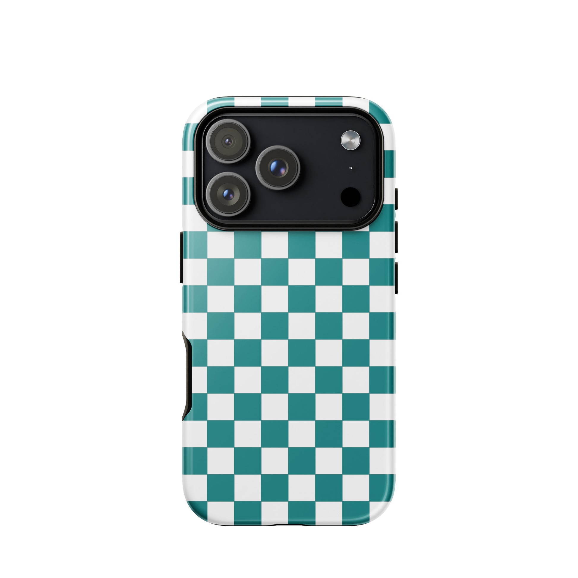 Phone Case with teal and white checkered design for iPhone, adding bold and playful style to your smartphone.