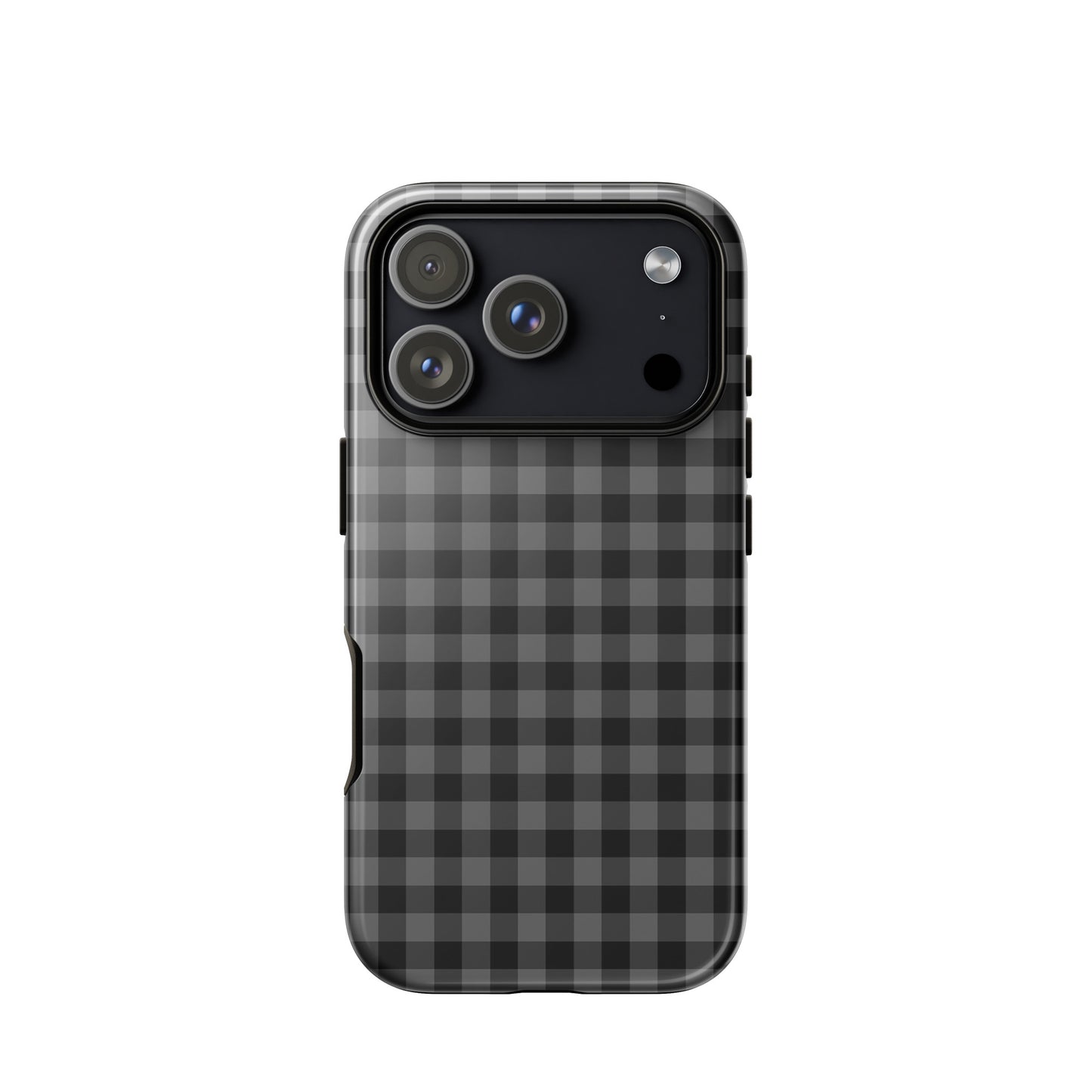 Phone Case with black and charcoal gingham pattern on iPhone, combining modern style and protection in a chic, durable design.