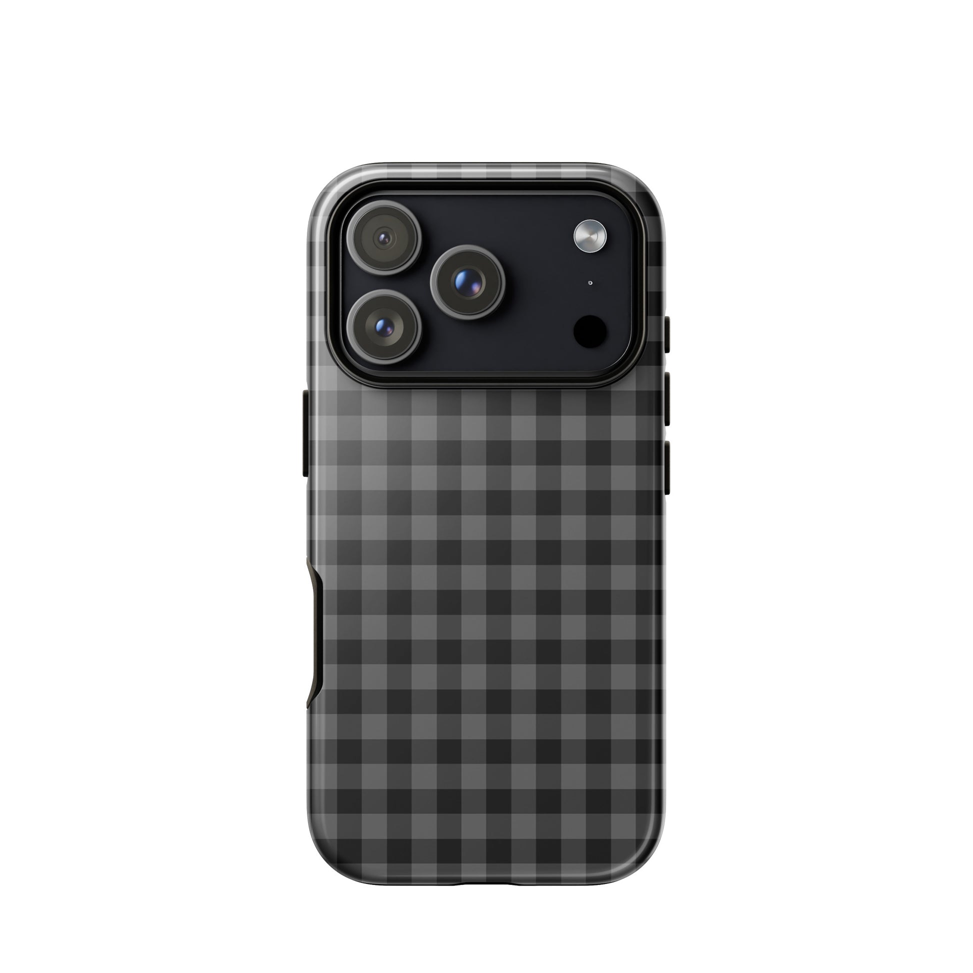 Phone Case with black and charcoal gingham pattern on iPhone, combining modern style and protection in a chic, durable design.
