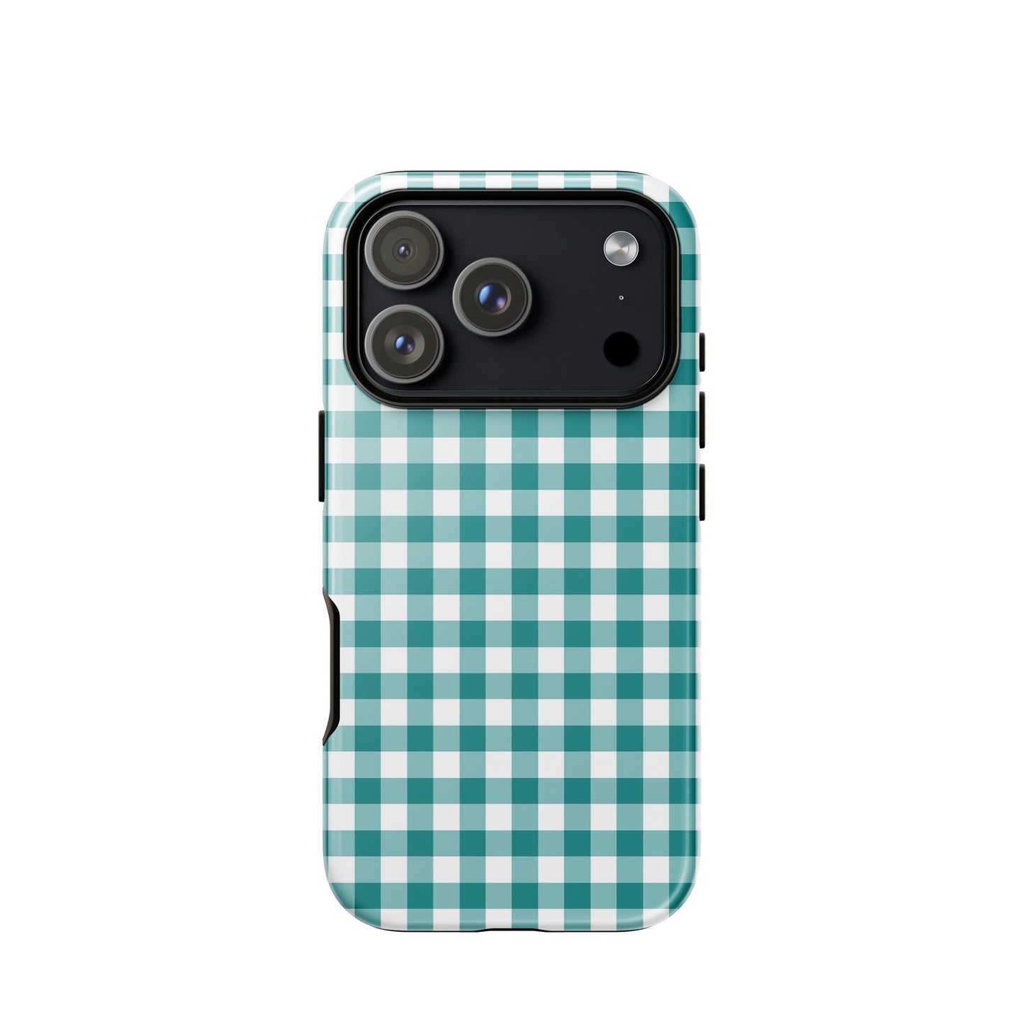 Phone Case for iPhone with teal and white gingham pattern, offering stylish charm and protection.