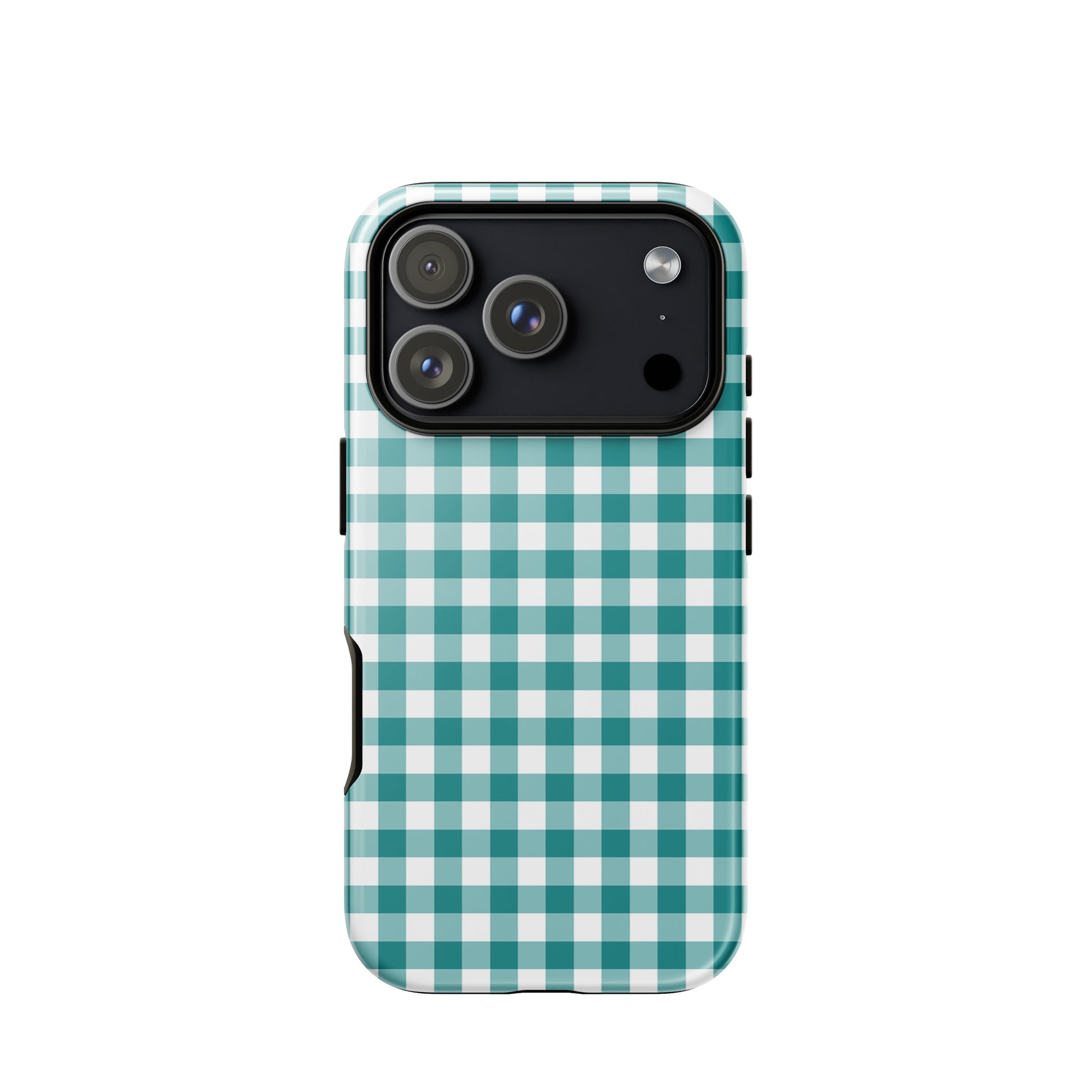 Phone Case for iPhone with teal and white gingham pattern, offering stylish charm and protection.
