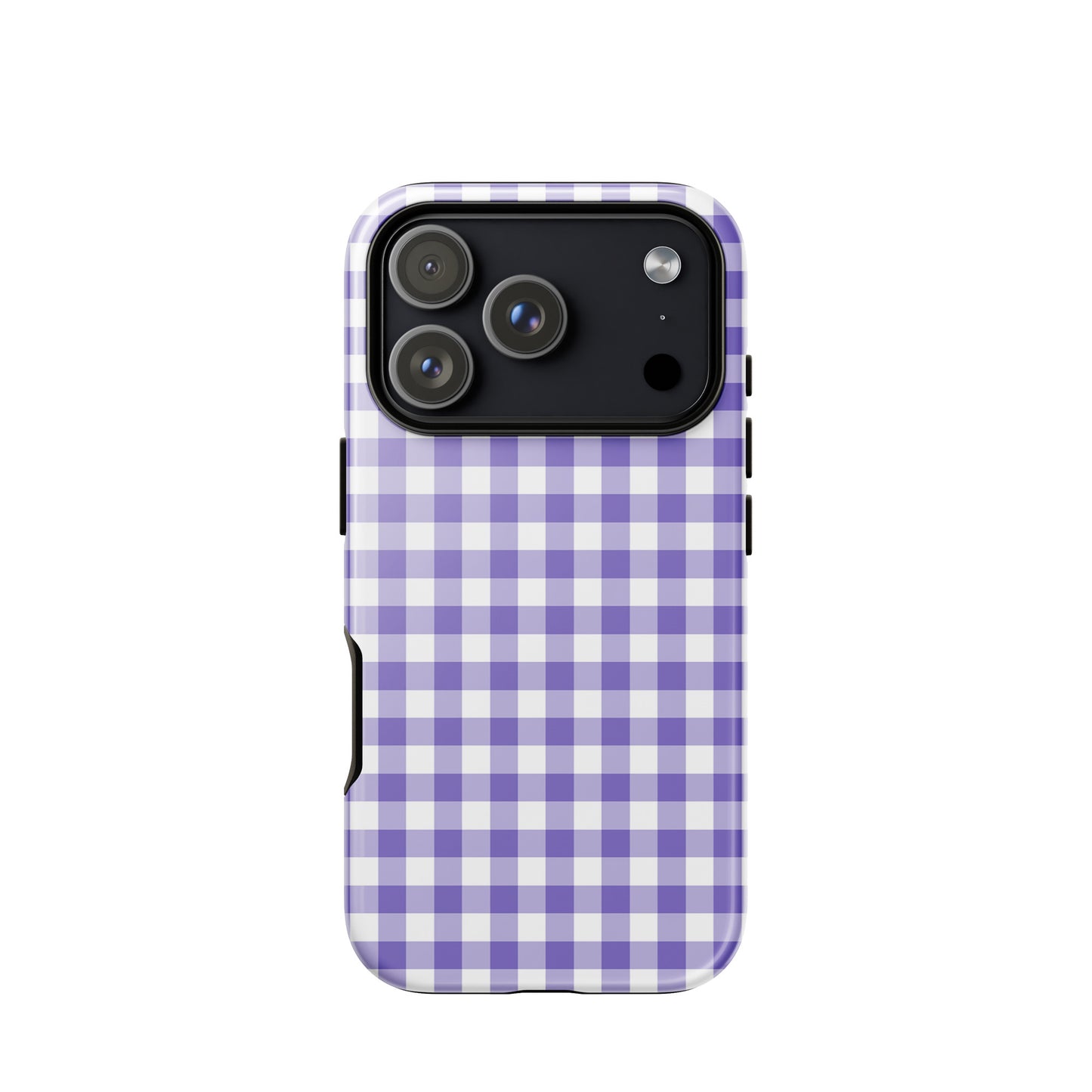Phone Case for iPhone with purple and white gingham pattern, offering chic design and durable protection.