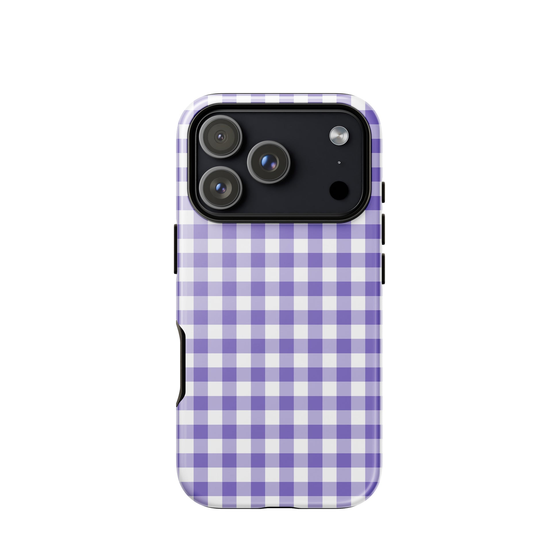 Phone Case for iPhone with purple and white gingham pattern, offering chic design and durable protection.