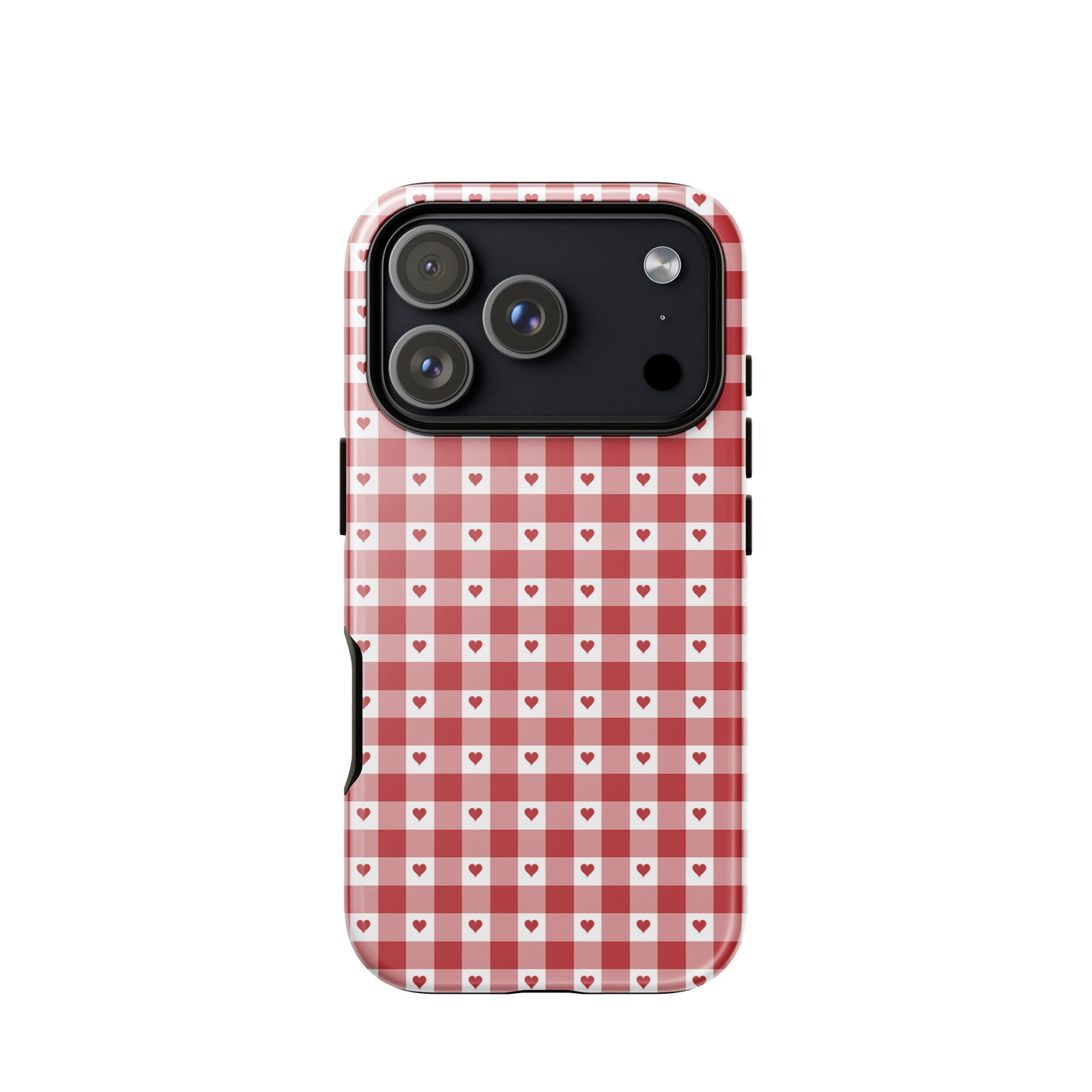 Phone Case with red gingham heart pattern for iPhone, offering stylish design and durable protection.