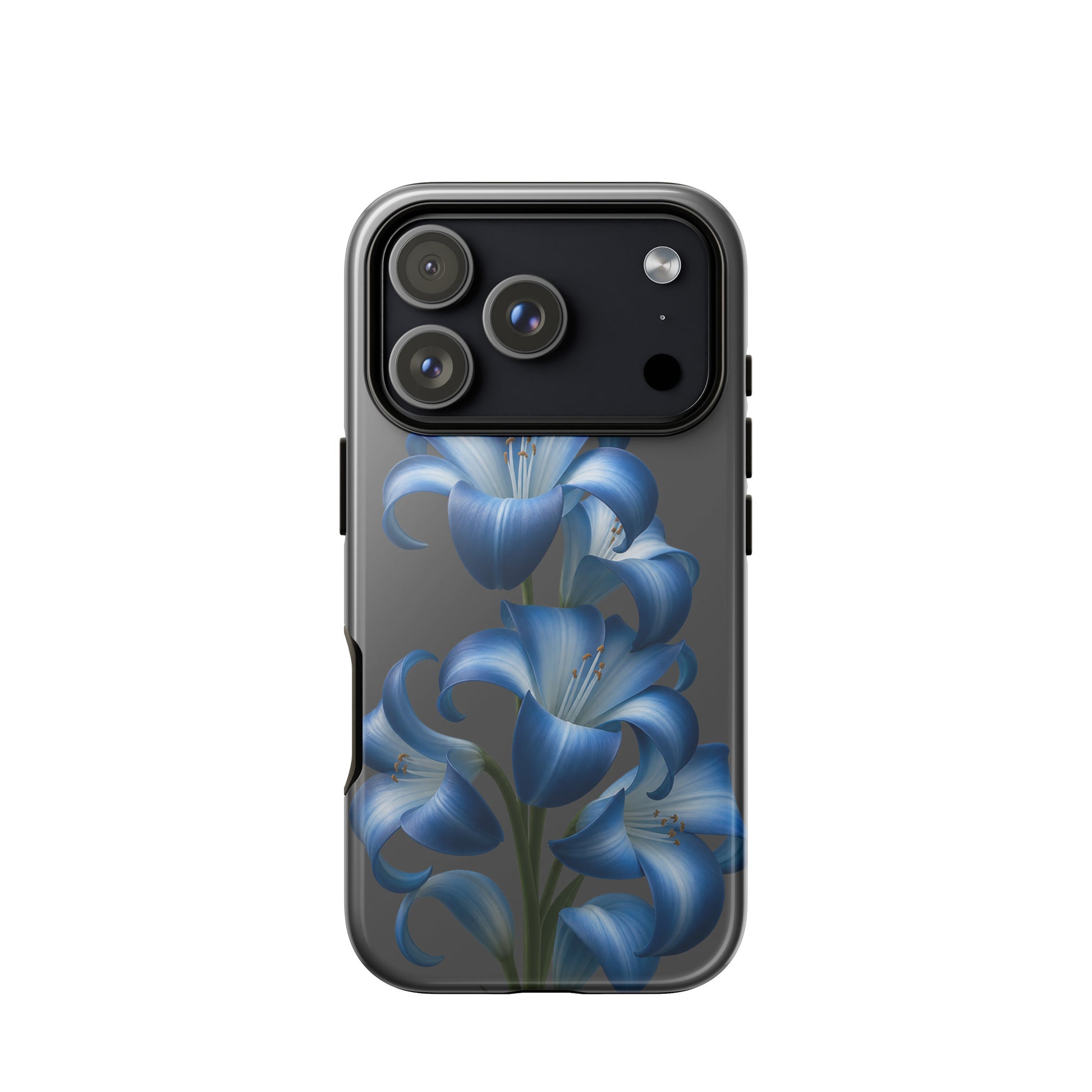 Phone Case with Blue Lily Bloom Art for iPhone, featuring vibrant floral design on a dark backdrop for a stylish and protective finish.