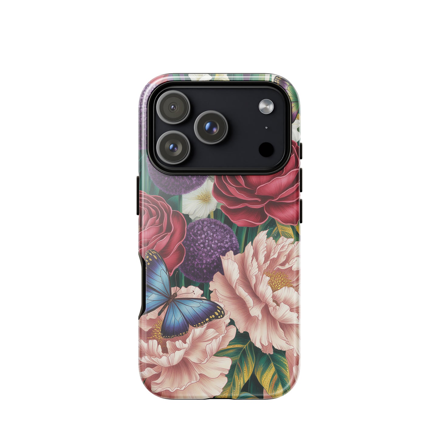 Phone Case for iPhone with blooming crimson roses, peonies, and butterflies, capturing a vibrant botanical garden illustration.