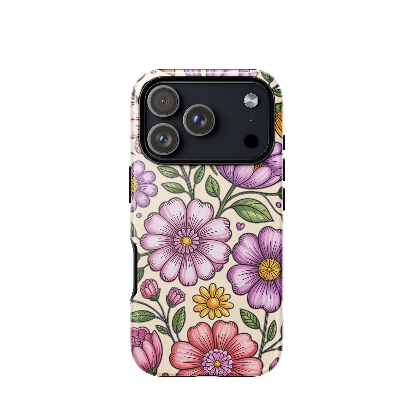 Phone Case for iPhone with pastel floral design in pink and purple, showing elegant and protective features.