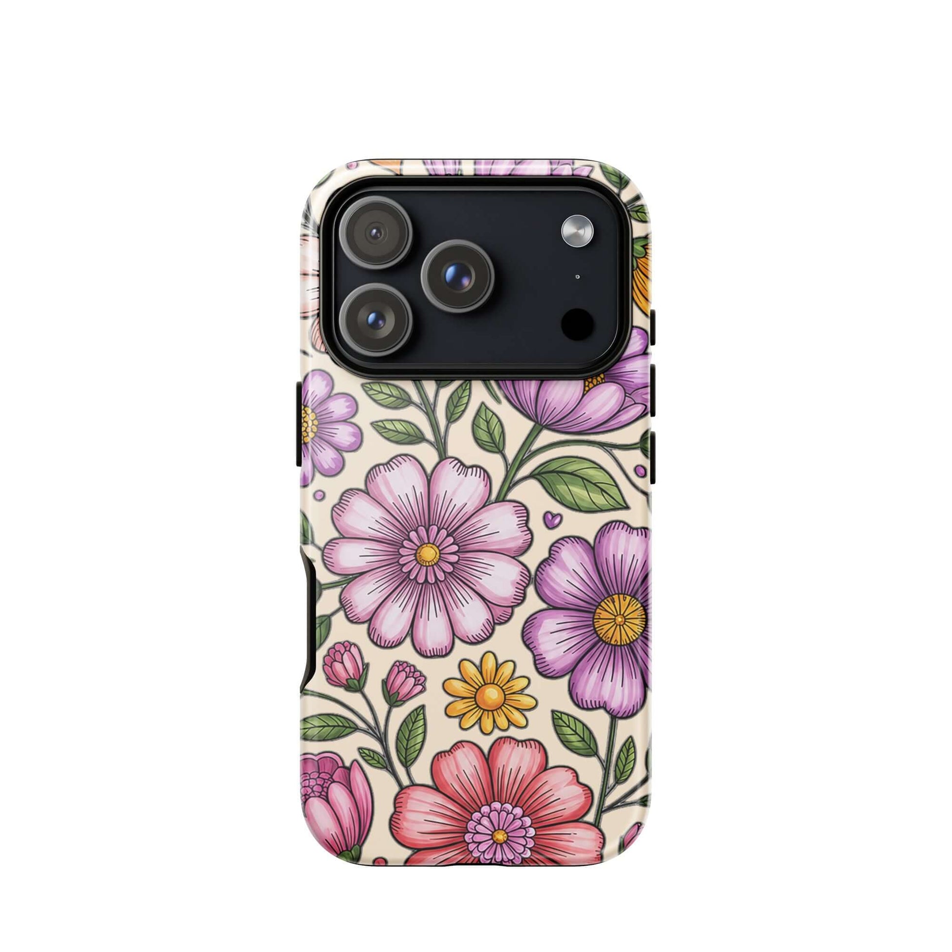 Phone Case for iPhone with pastel floral design in pink and purple, showing elegant and protective features.