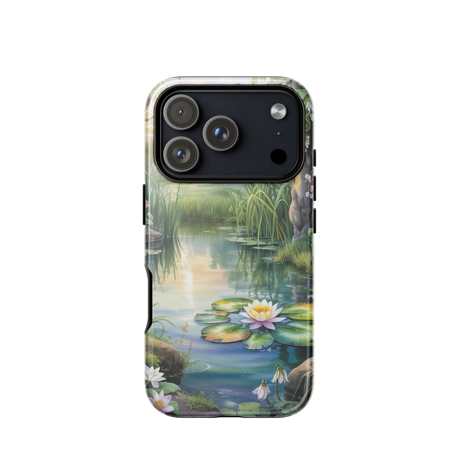 Phone Case for iPhone featuring Enchanted Pond design with water lilies and lush greenery.