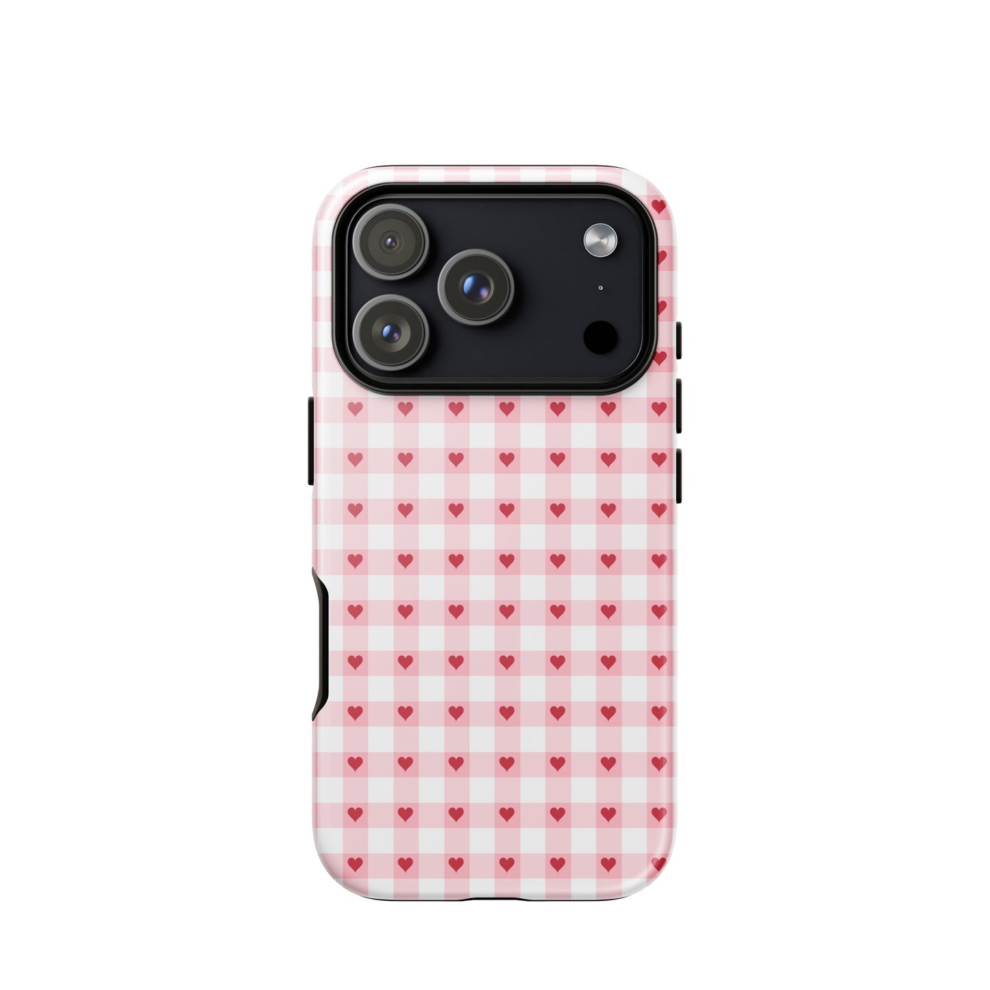 Phone Case with pink-and-white gingham heart pattern for iPhone, combining style and durability with red hearts design, back view.