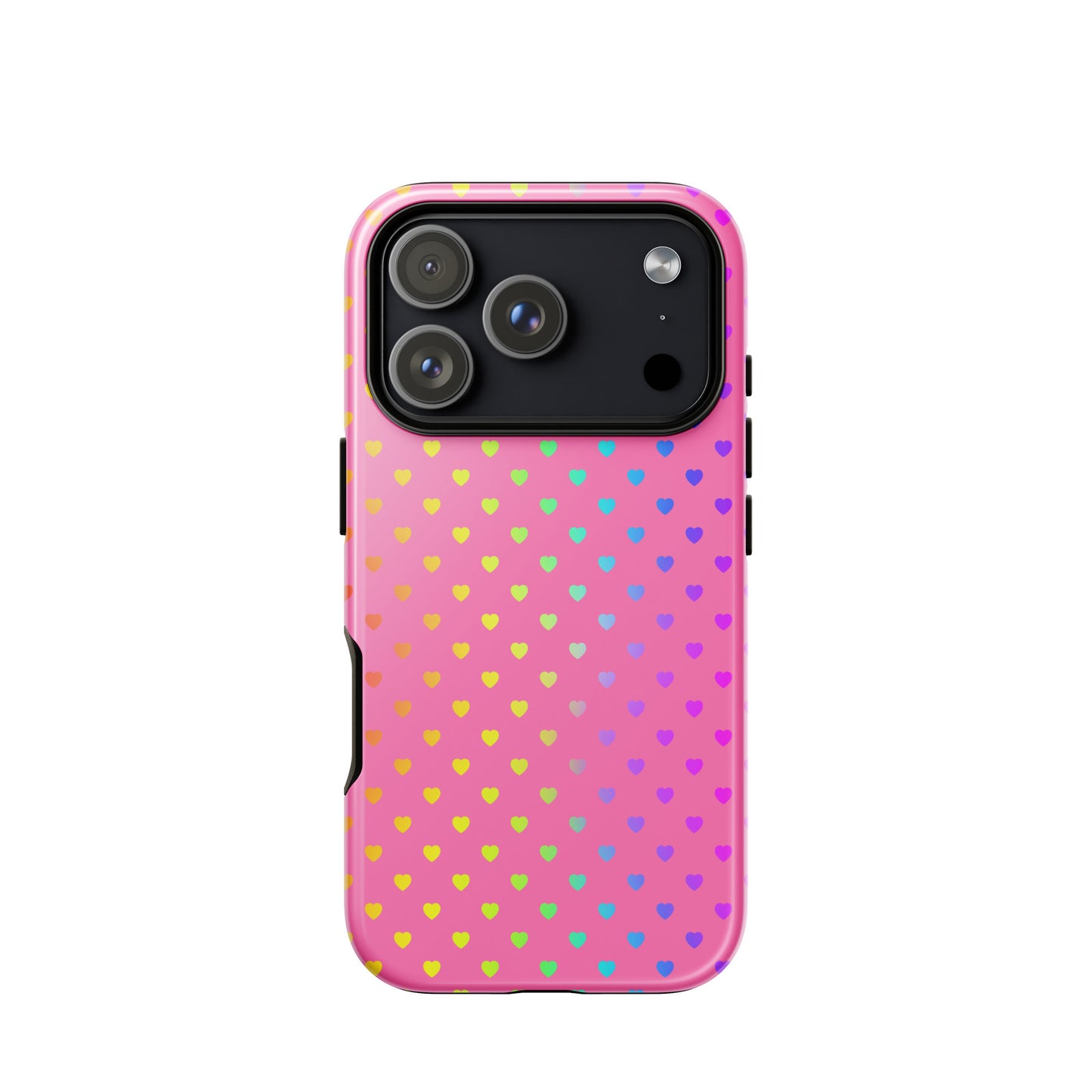 Phone Case for iPhone with cute rainbow hearts on pink background, playful and cheerful design, dual-layer protection.