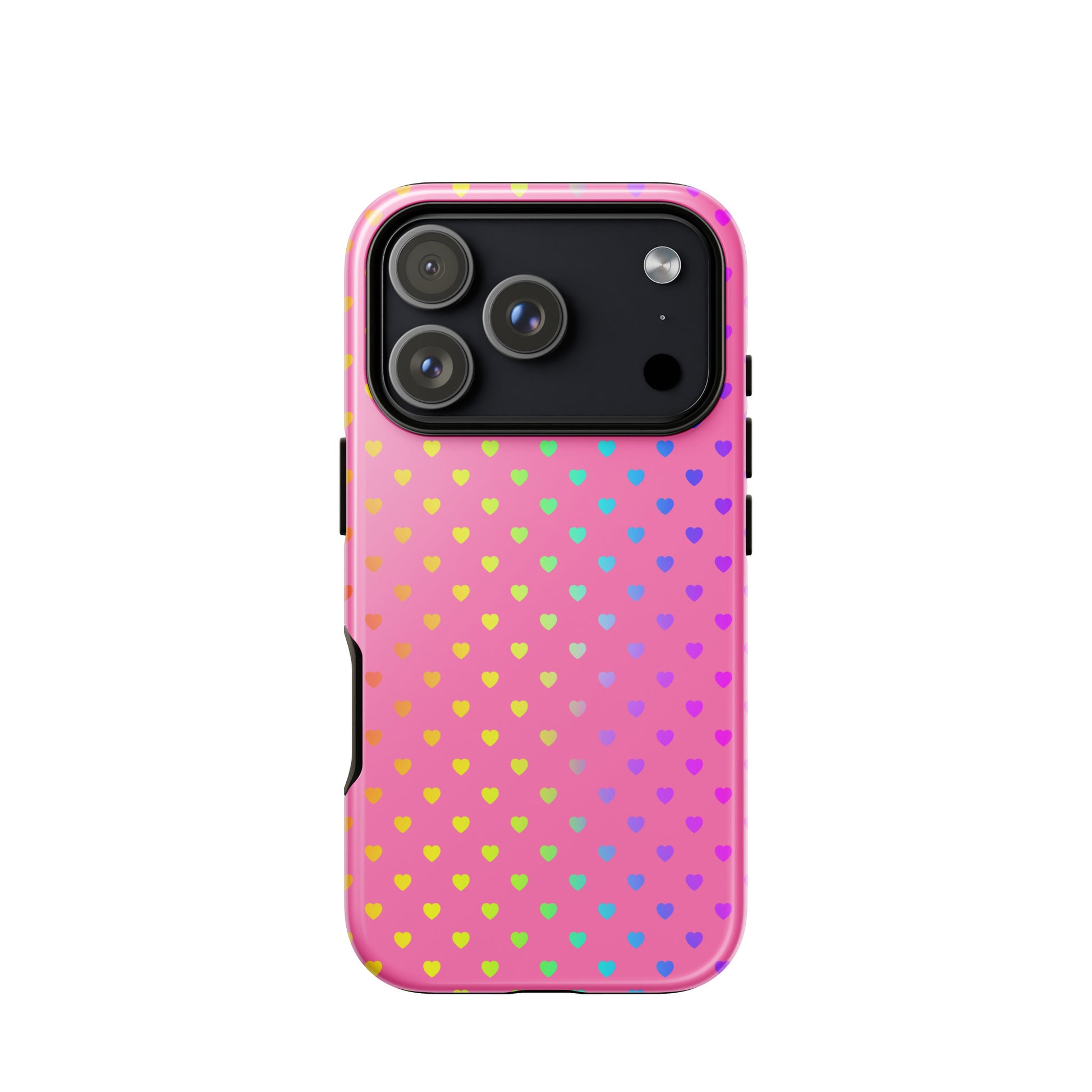Phone Case for iPhone with cute rainbow hearts on pink background, playful and cheerful design, dual-layer protection.