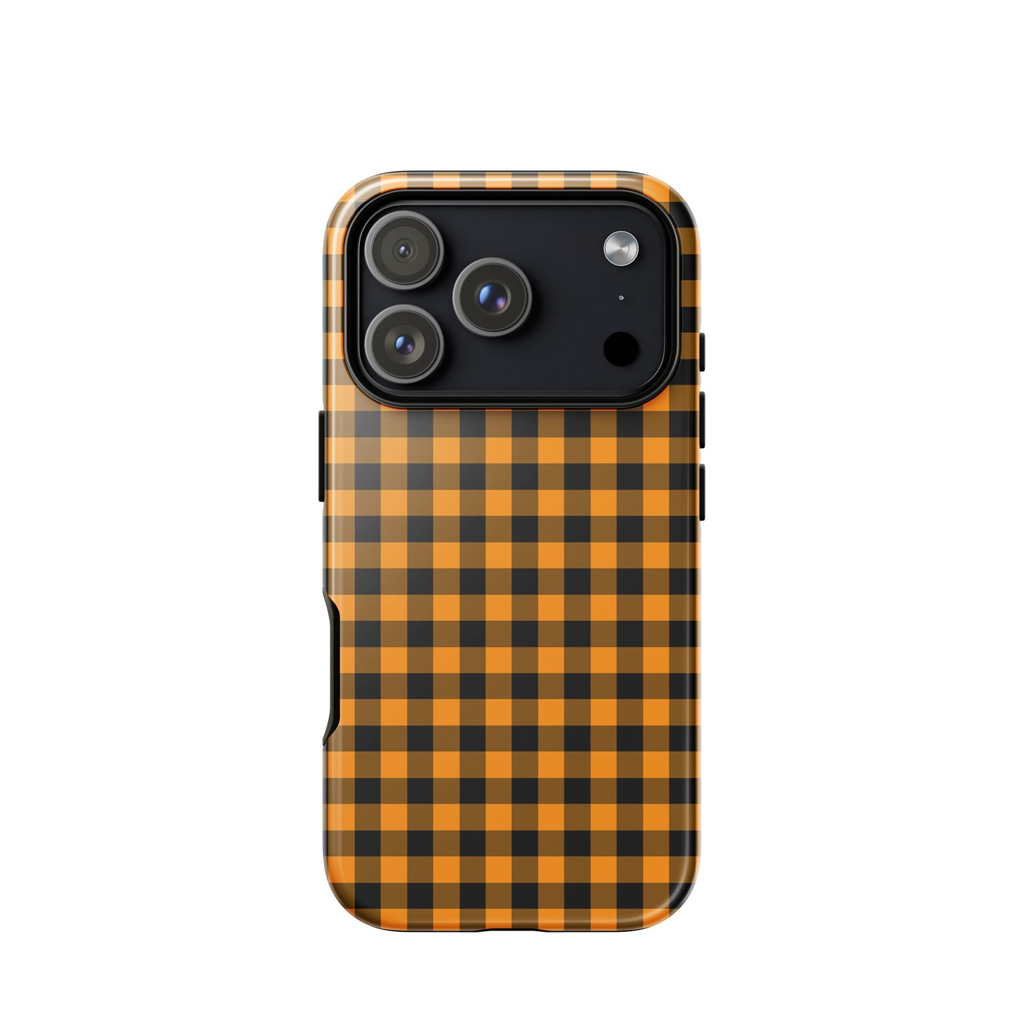 Black-and-orange gingham iPhone phone case with autumn theme, showcasing chic design and durability.