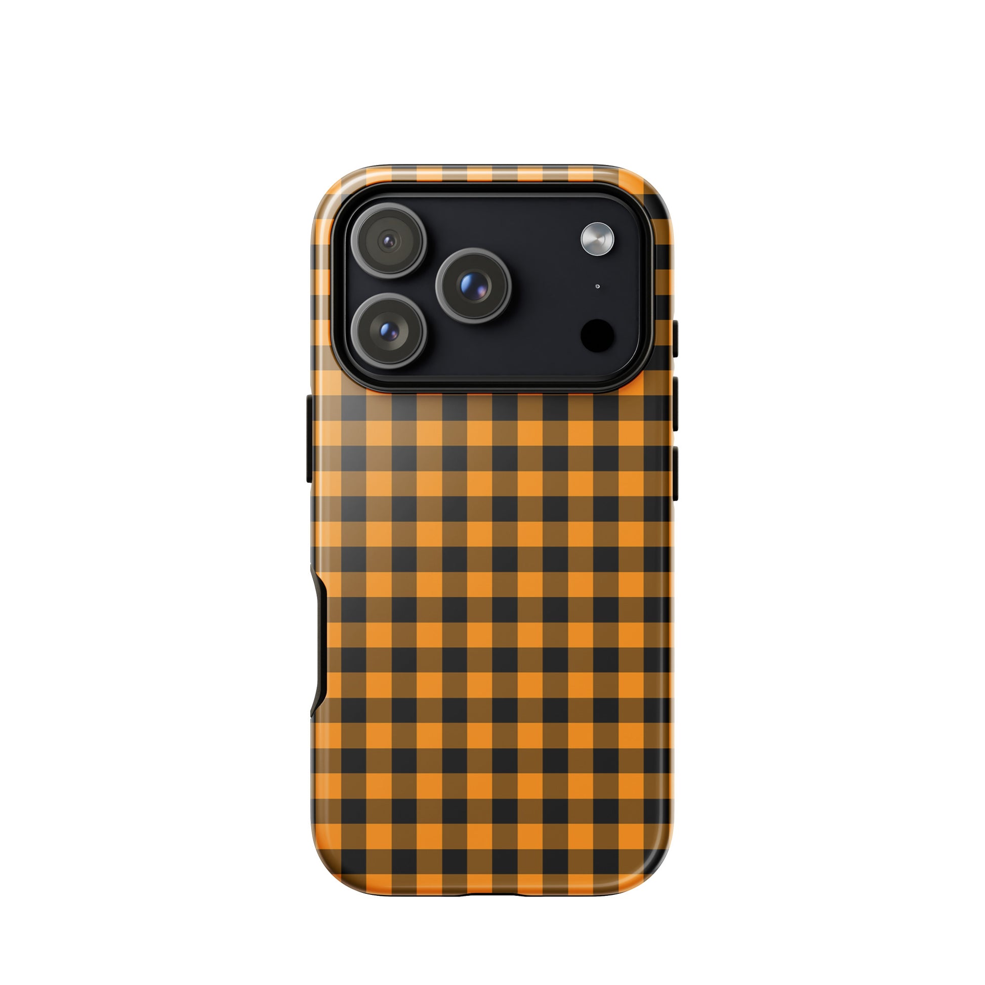 Black-and-orange gingham iPhone phone case with autumn theme, showcasing chic design and durability.