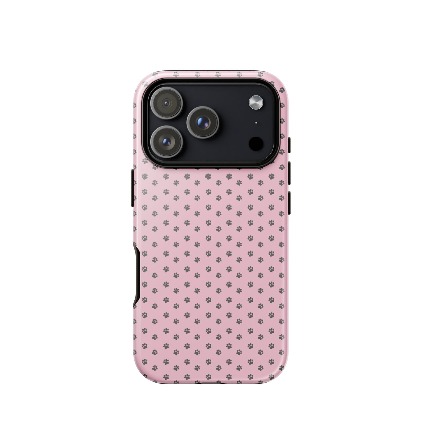 Phone Case for iPhone with pink background and dark gray paw-print design, offering playful protection for pet lovers.