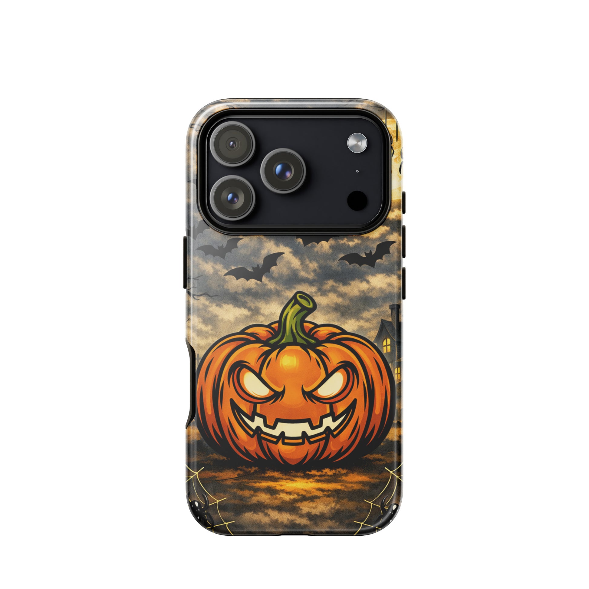 Phone Case with haunted pumpkin, bats, and moonlit scene, perfect for Halloween charm and iPhone protection.