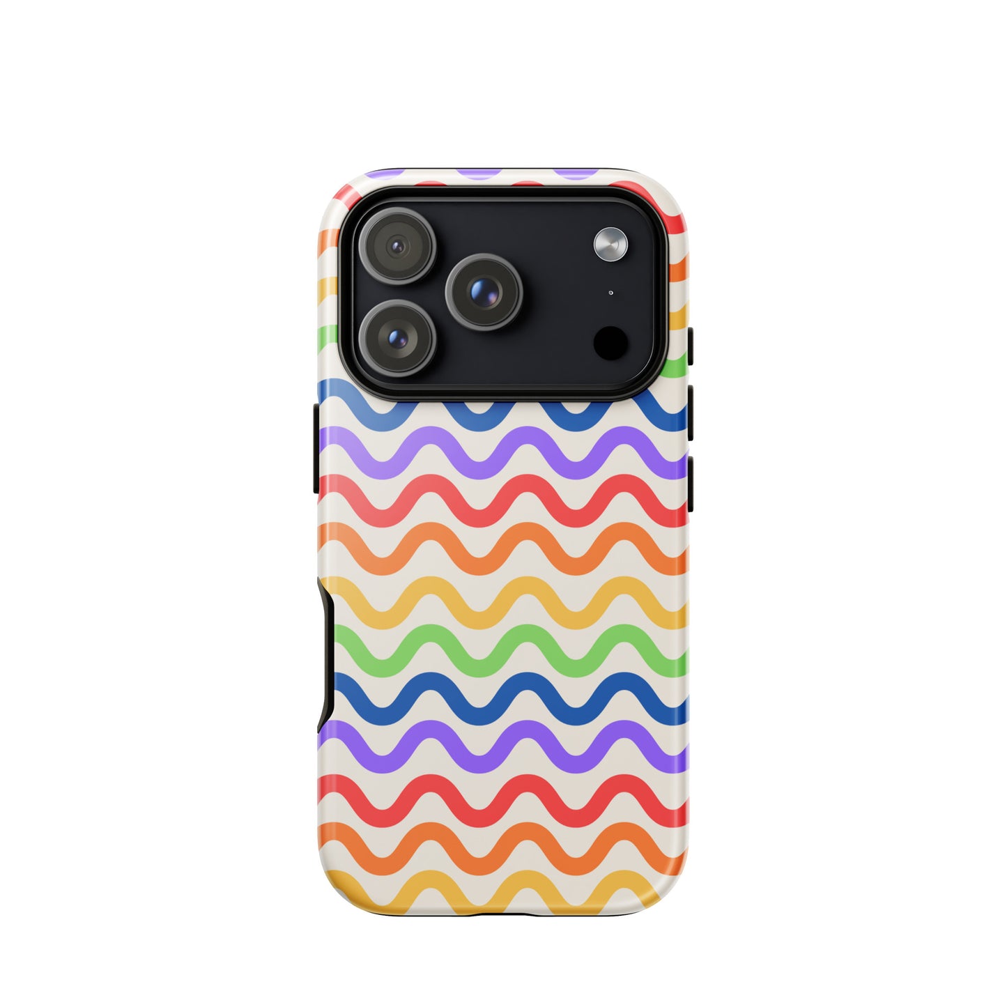 Phone Case for iPhone with wavy rainbow pattern in vibrant colors on white background, showcasing playful and protective design.