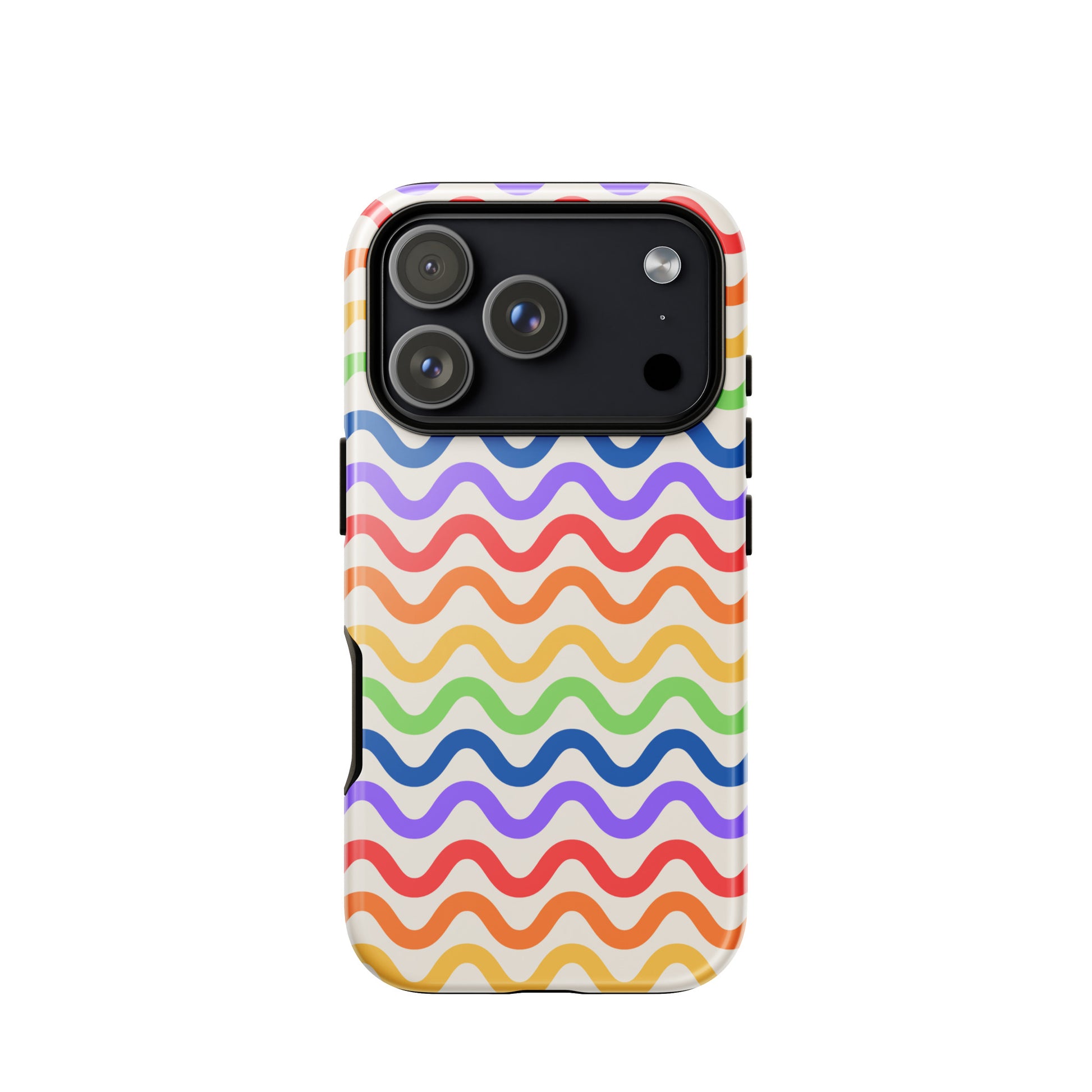 Phone Case for iPhone with wavy rainbow pattern in vibrant colors on white background, showcasing playful and protective design.