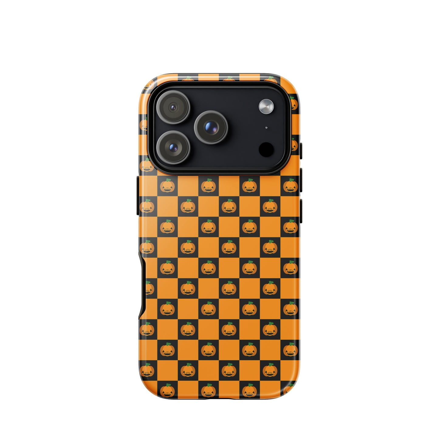 Phone Case for iPhone with playful pumpkin checkered Halloween design, featuring orange and black squares with jack-o’-lanterns.