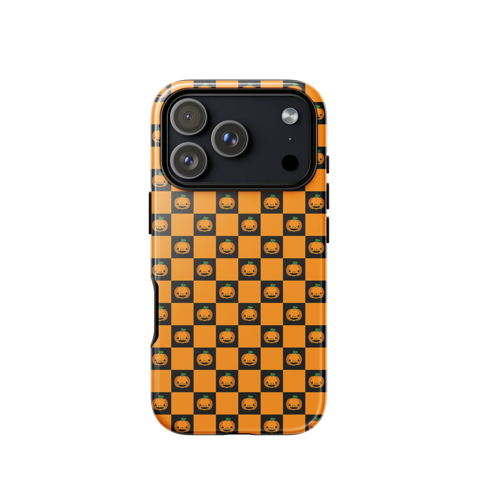 Phone Case for iPhone with playful pumpkin checkered Halloween design, featuring orange and black squares with jack-o’-lanterns.