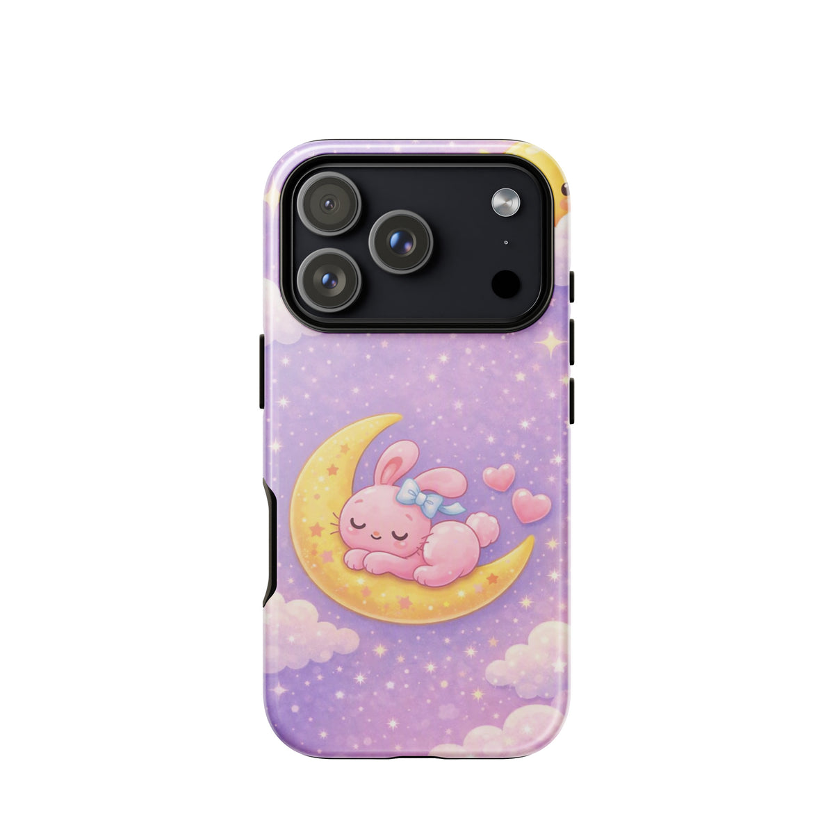 Phone Case with cute bunny sleeping on crescent moon design, pastel stars, and clouds. Perfect dreamy cover for iPhone protection.