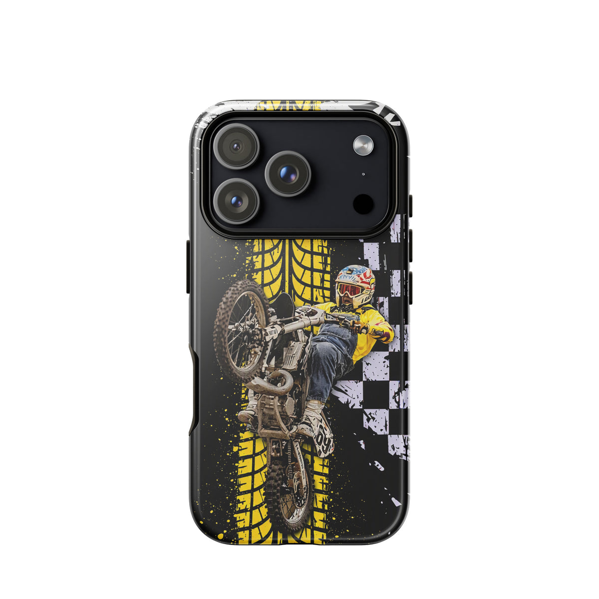Phone Case for iPhone with Ronnie Mac air-wheelie design, featuring motocross art, checkerboard, and yellow tire pattern.