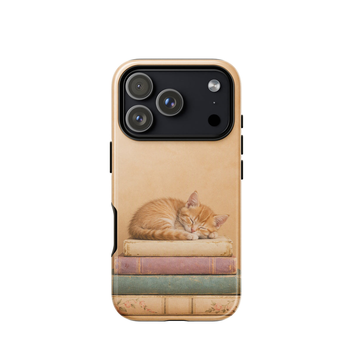 Phone Case with sleeping kitten on vintage books, perfect for cat lovers.