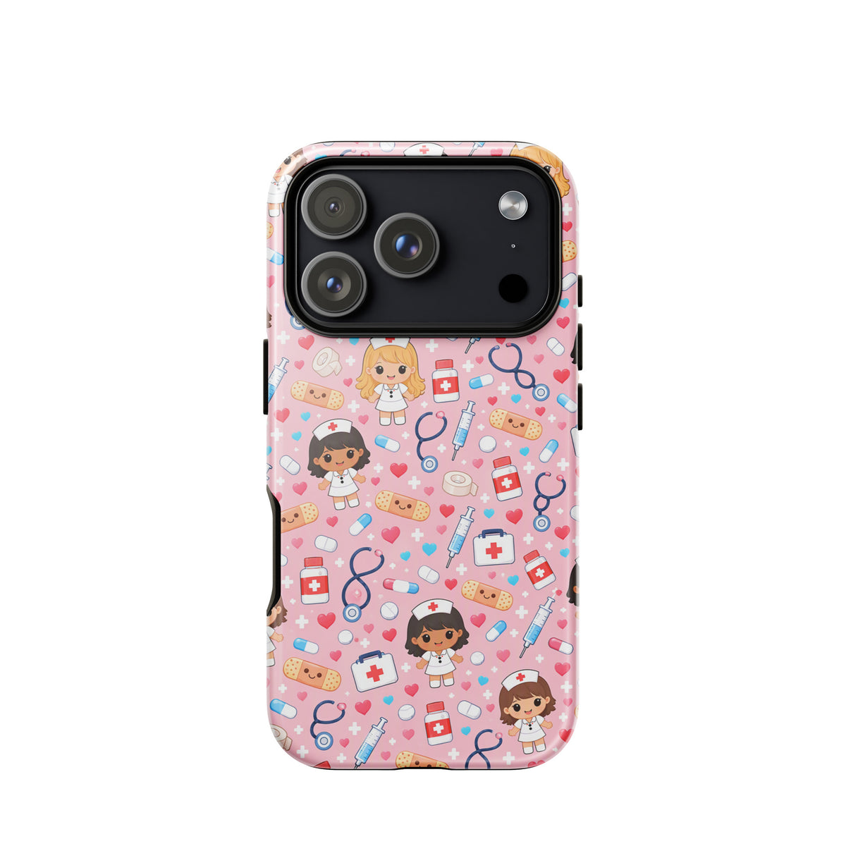 Phone Case with cute kawaii nurse medical pattern on light pink background for iPhone.