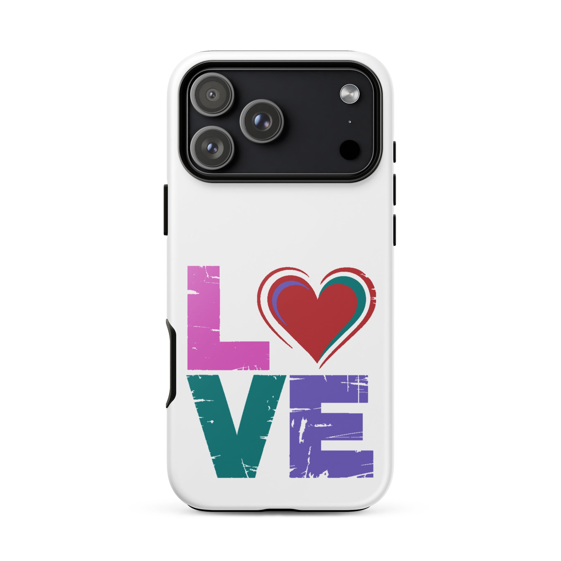 Love Tough Dual Layerd Case for iPhones featuring bold 'love' design with heart and vibrant colors.