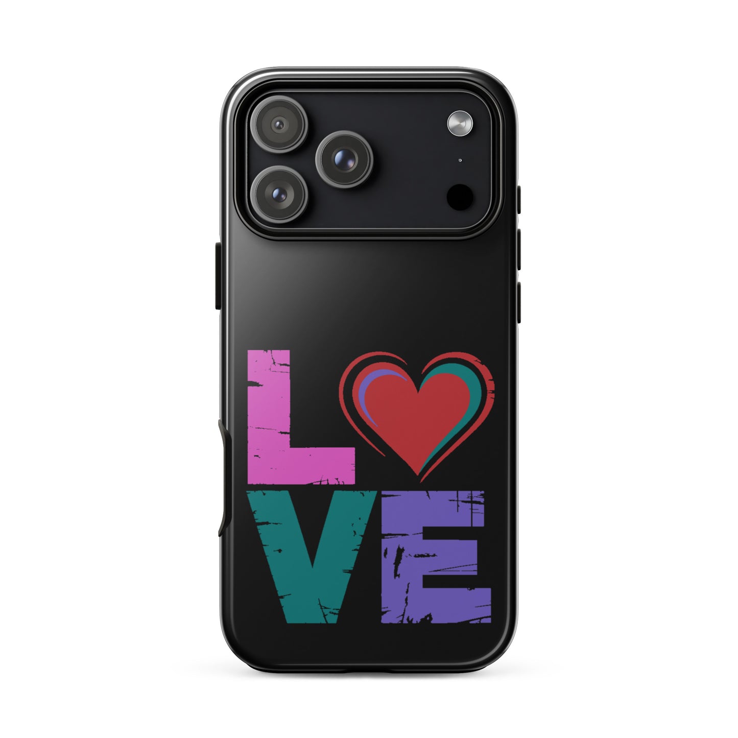 Love Tough Dual Layered Case for iPhones featuring love design with heart on a black background.