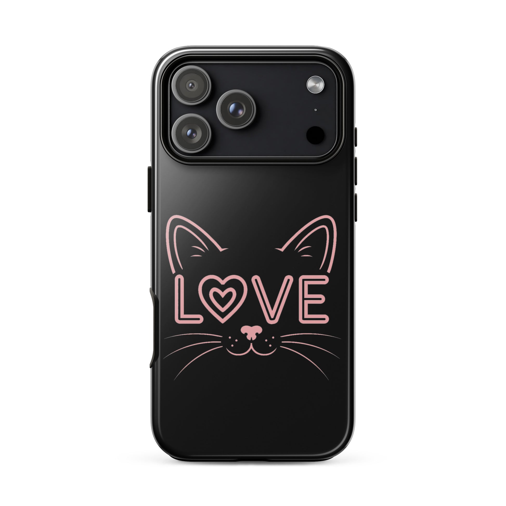 Cat Love phone case for iPhone featuring a minimalist cat face and 'LOVE' design.