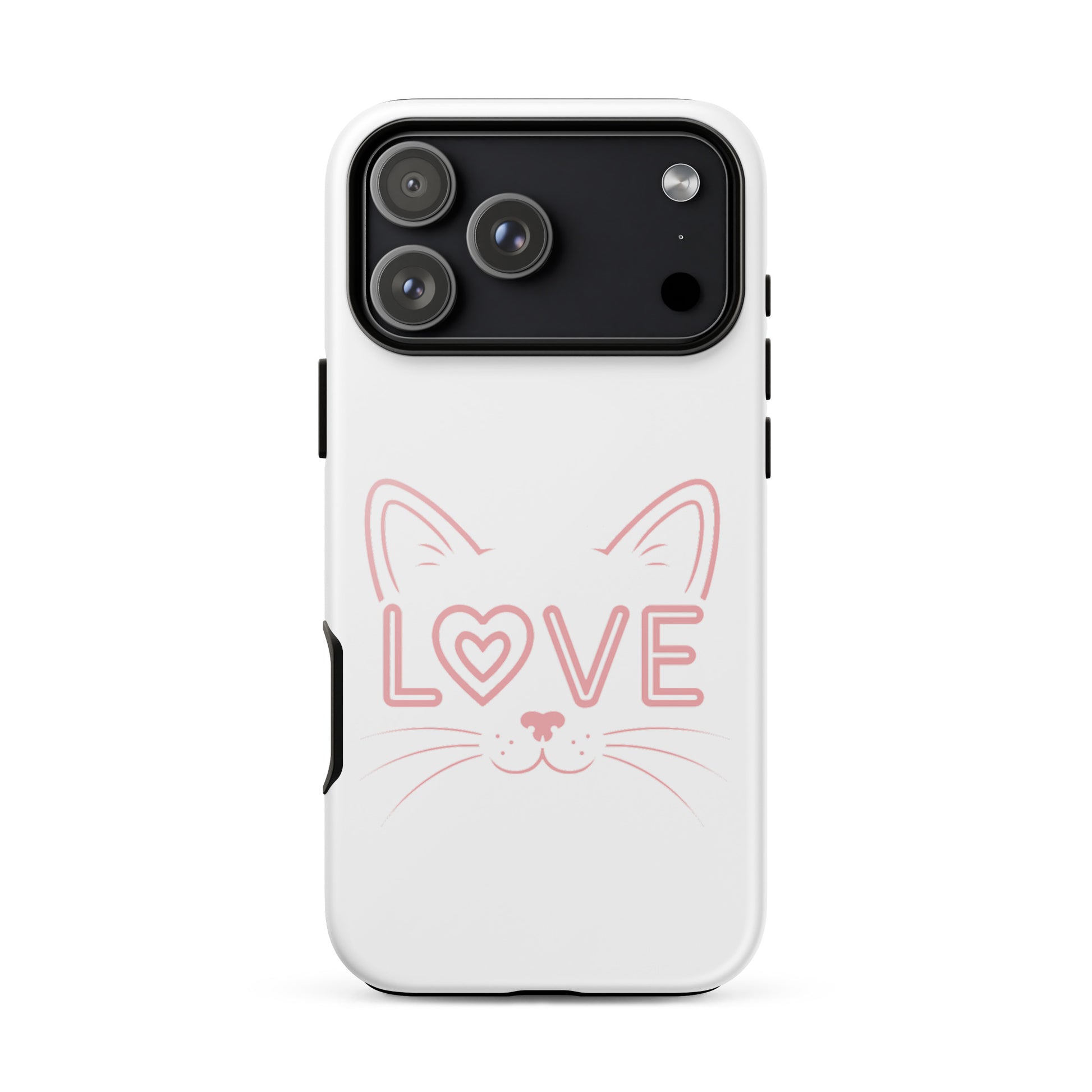 Cat Love phone case for iPhone featuring minimalist cat face design with the word 'love'.