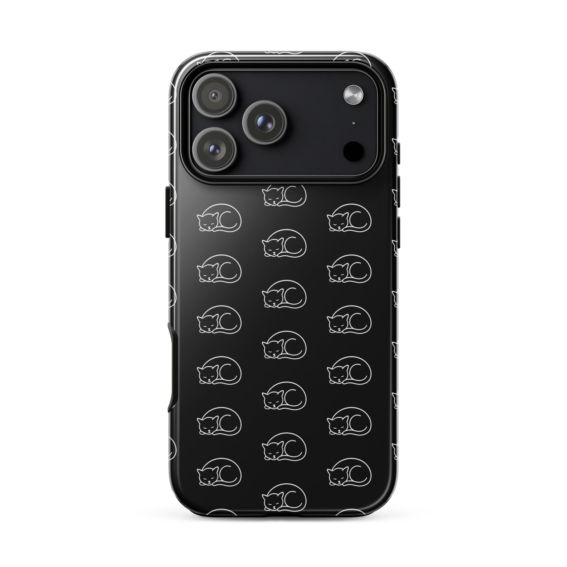 Phone case featuring a curled-up cat pattern designed for feline fans, perfect for iPhone protection.